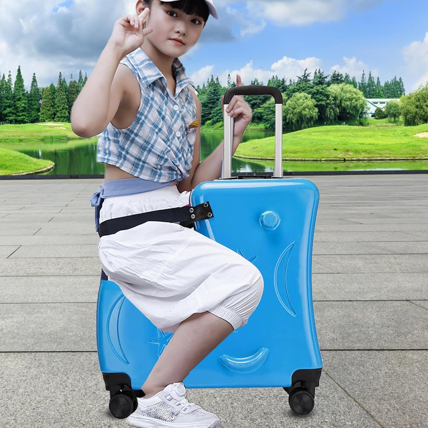Riding Luggage for Kids - Interactive Tram Suitcase | Malima 20 Inch with Secure Lock, Seat Belt, Handlebar and Foot Rest - Fun and Practical Luggage for Traveler, Lake Blue, Consulte La Descripci&oacute;n image number 2