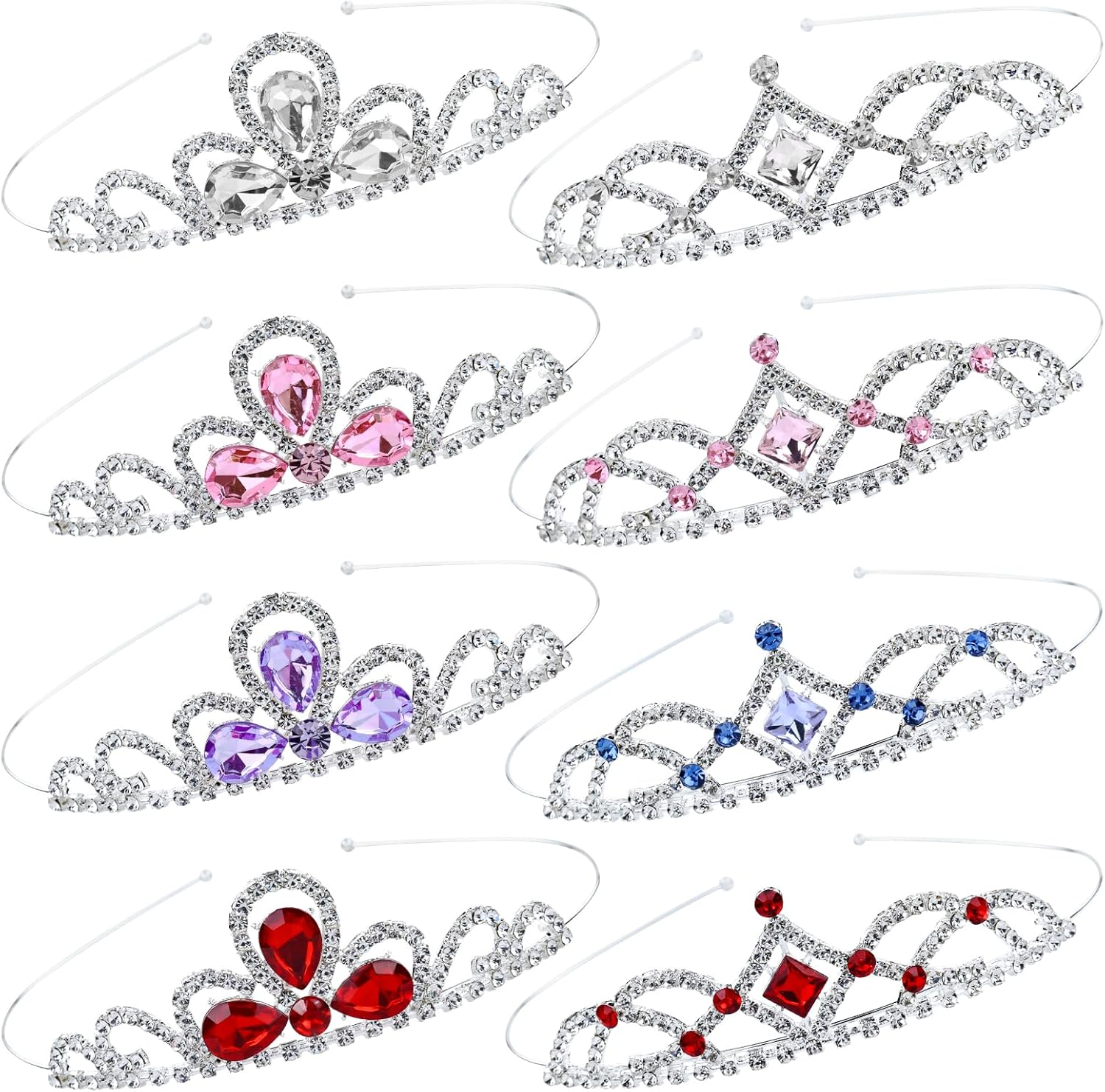 Cinaci 8 Pieces Princess Colorful Dazzling Crystal Rhinestone Silver Metal Queen Crown Tiara Headbands Wedding Birthday Party Prom Headpieces Hair Styling Accessories for Kids Teens Girls Women image number 3