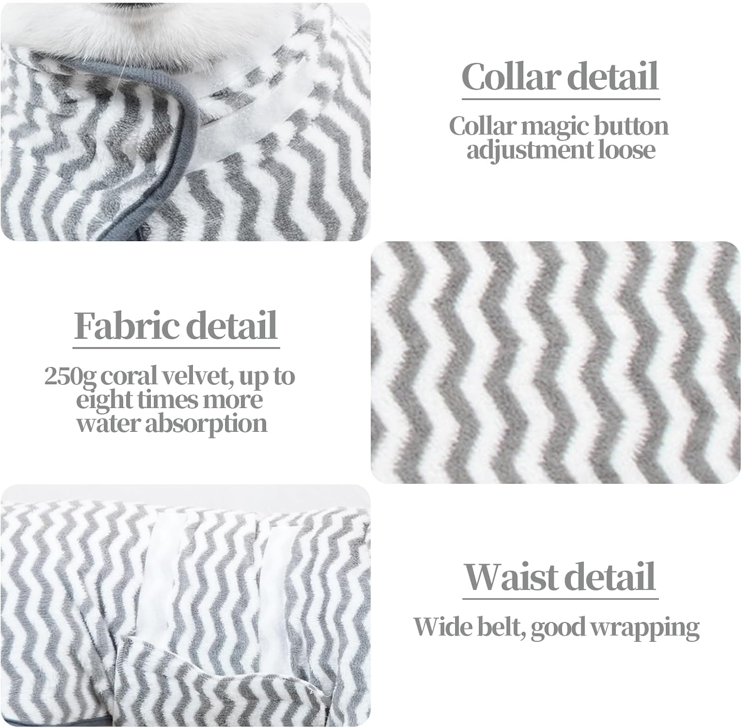 Dog Bathrobe Coat, Super Absorbent Dog Bath Towel, Microfibre Pet Bathrobe for Small, Medium Dogs, Adjustable Dog Towel for Pets, Puppies, Bath, Swimming, Grooming (Grey, M)