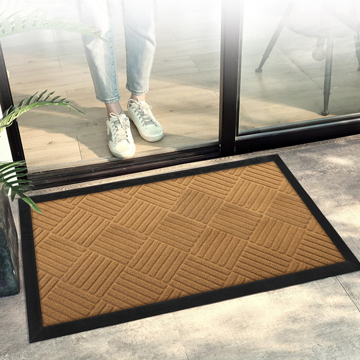 AAZZKANG Front Door Mat Non Slip Low Profile Outdoor Doormat Quick Trap Dirt Easy to Clean Welcome Mats for Entrance,High Traffic Areas,Indoor,Heavy Duty Brown image number 3