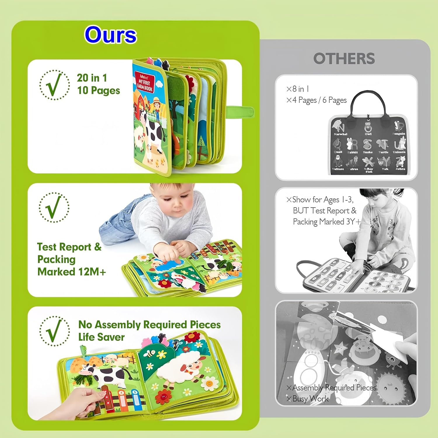 Febohao Busy Board for Toddlers 1-3 Activities Travel Toys for Plane Montessori Baby Busy Book with 8 Interactive Pages Learning Education Sensory Farm Animals Toys image number 5