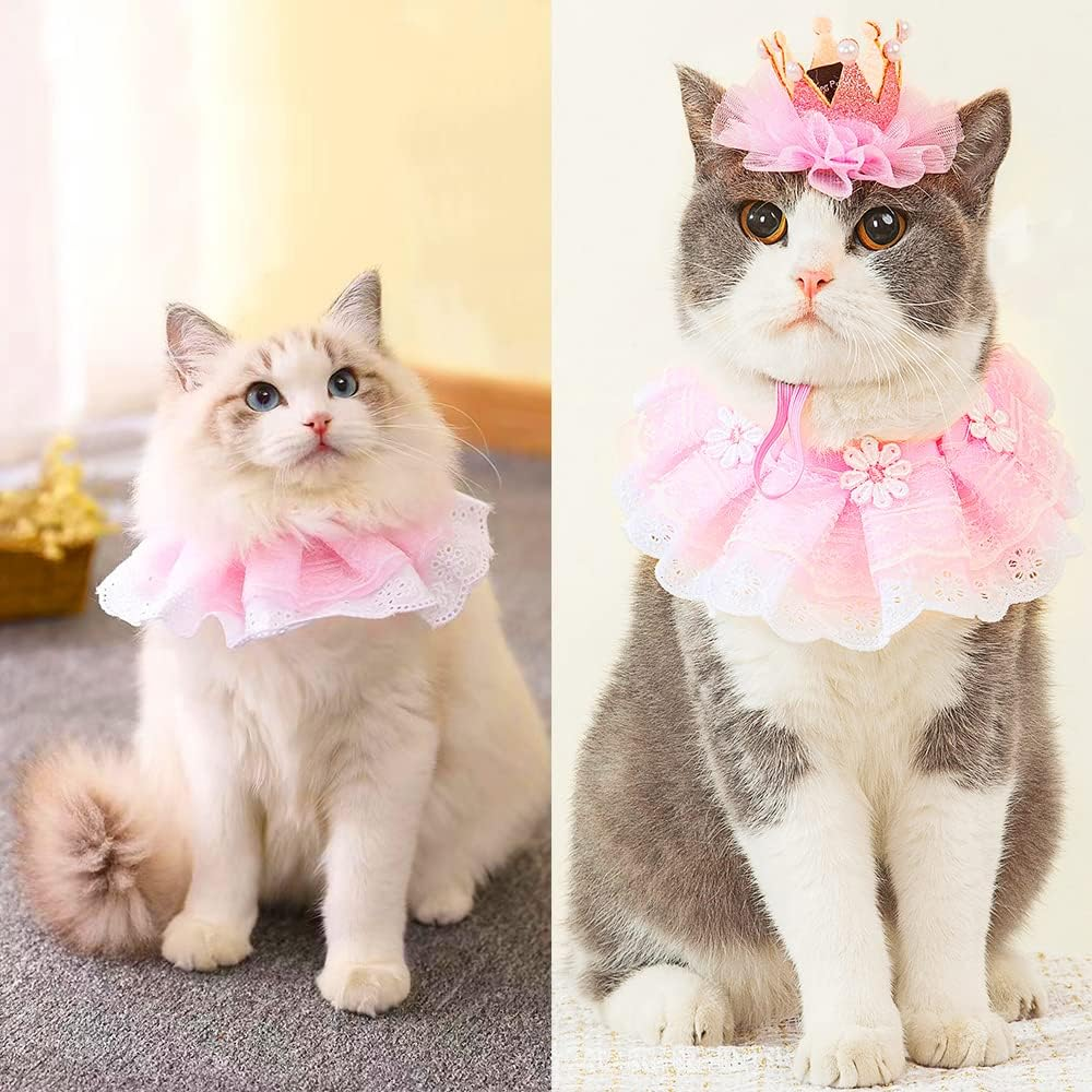 4Pcs Cat Birthday Crown Hat for Cats & Cat Lace Bandana Pink Princess Costumes for Cats Birthday Party & Pink Happy Birthday Crown Banner & Crown Cake Toppers with NO. 0-10