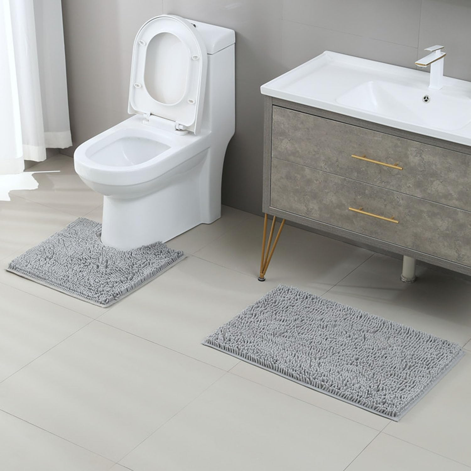 Taicols Bath Mat Set, 2 Pcs Non-Slip Microfiber Shag Bathroom Rug Mat, Chenille Non-Slip Back Bathroom Mat, U Shape Toilet Rug Fleece Softness, Bathroom Carpet, Super Soft Microfiber Bath Rug (Camel)