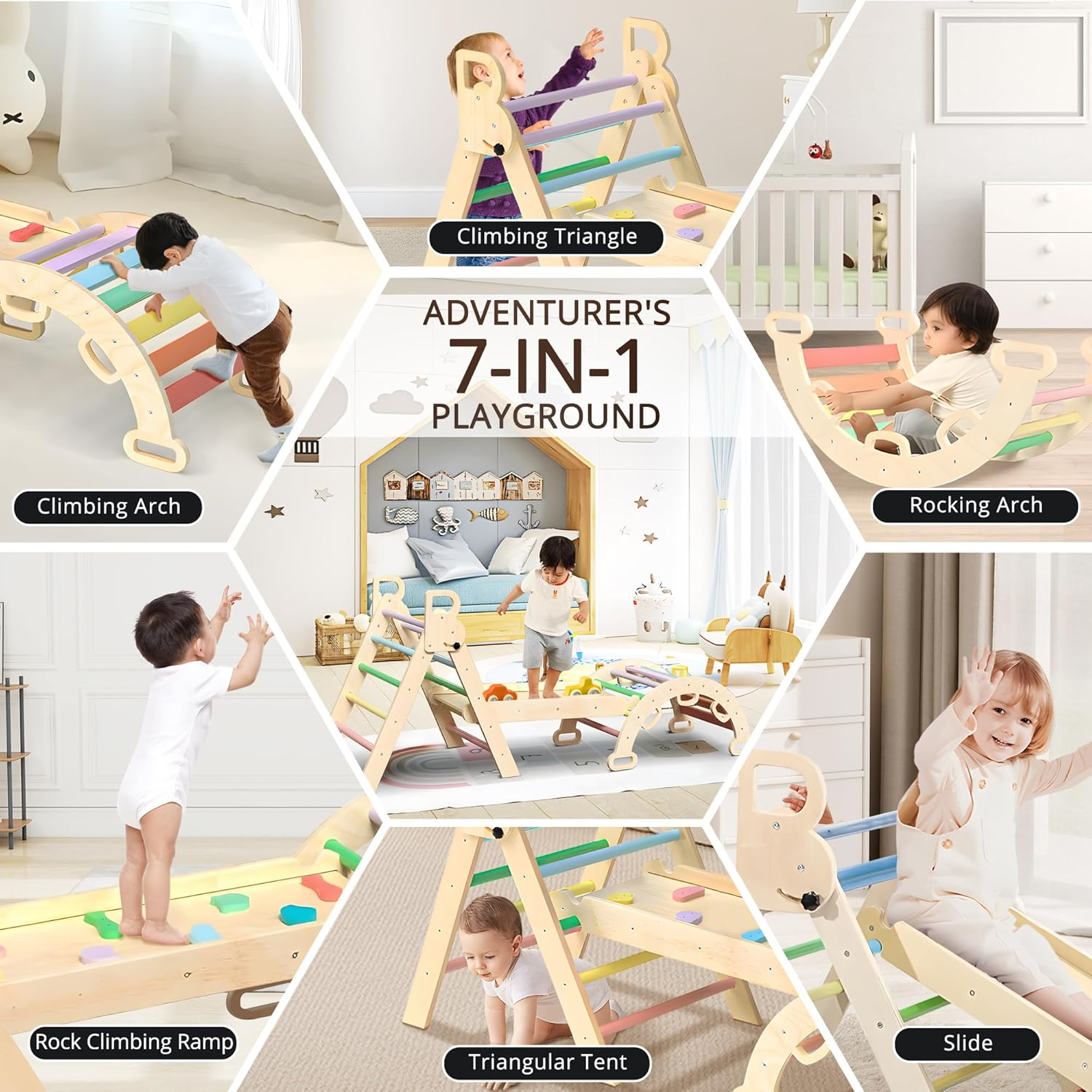 Kids Triangle Climbing Toys Set 7 in 1 Foldable Toddler Wooden Climbing Toys with Arch Ramp Ladder Baby Climber Indoor Jungle Gyms for Toddlers - Rainbow image number 6