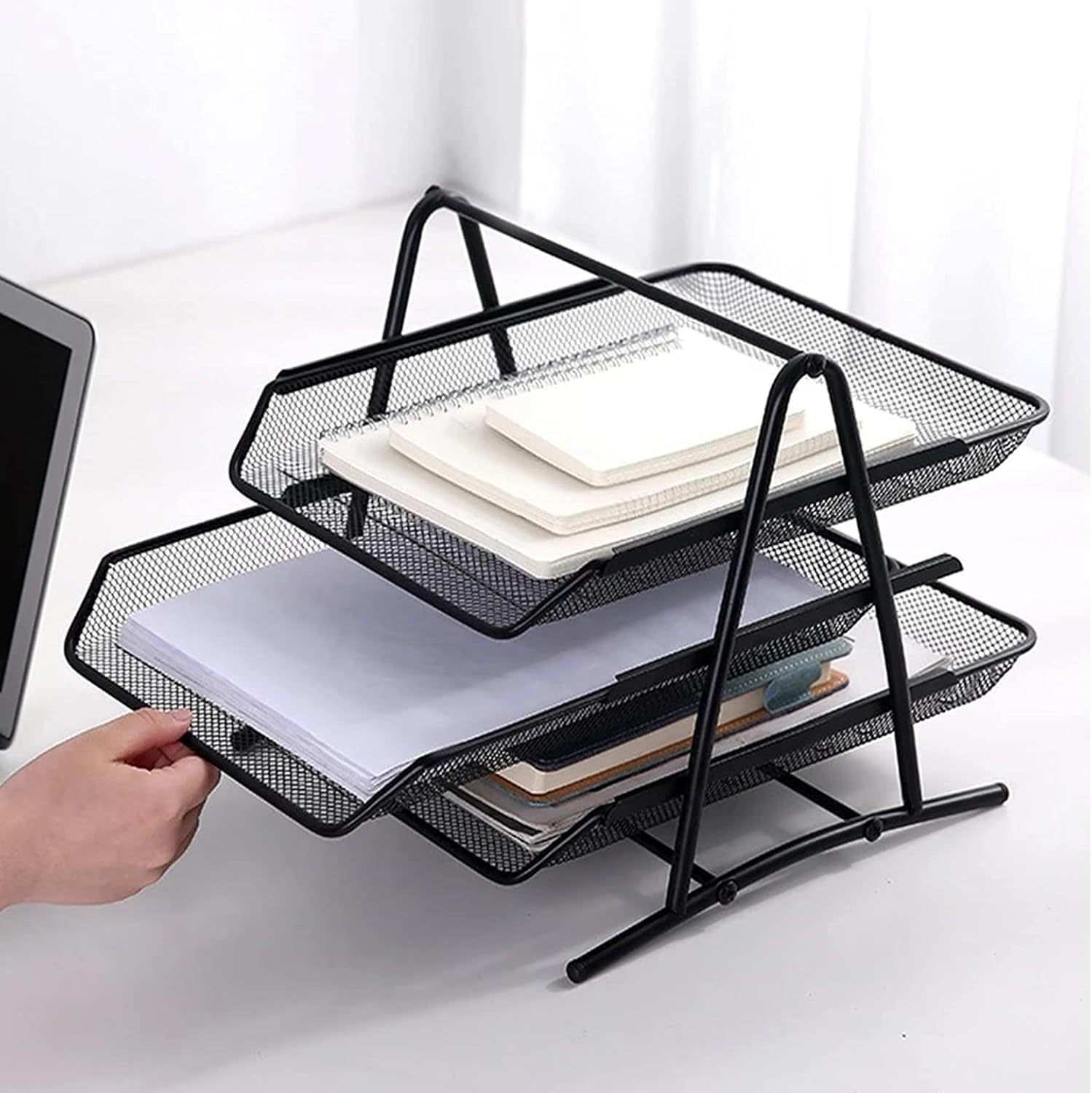 4-Tier Stackable Office Letter Organizer, Desk Tray, Metal Mesh File Storage, Desktop Organizer 12" L X 13.75" W X 12.5" H, (Black) image number 4