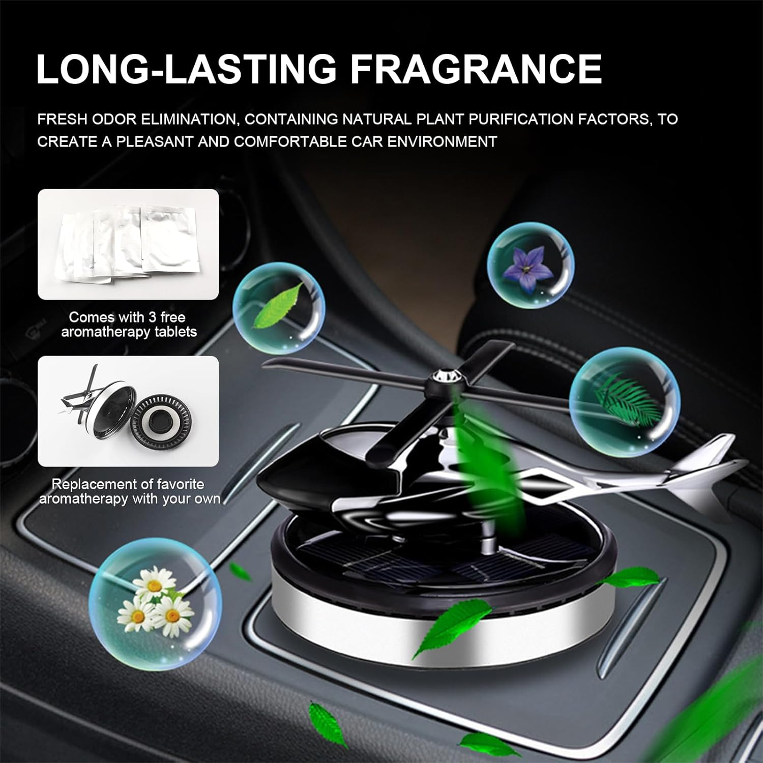 Kaidengzhe Car Air Freshener Diffuser, Solar Energy Rotating Aromatherapy Diffuser, Automotive Aluminum Alloy Interior Accessories, Natural Essential Oil Perfume for Car & Home with 3 Fragrant Tablets image number 6
