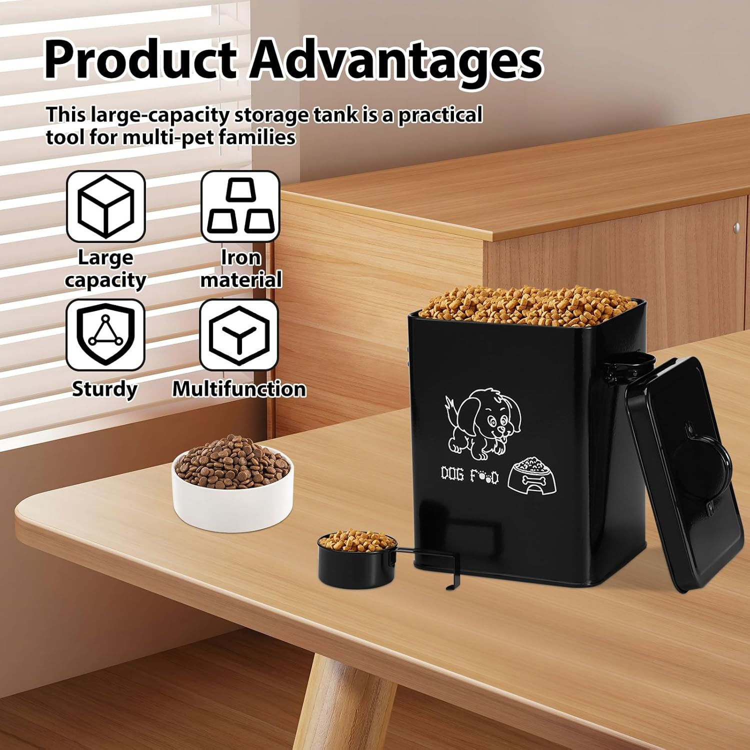 Fwqofvk Dog Food Storage Container, Metal Cat Food Storage Container, Good Sealing Square Dog Can with Lid and Spoon, Pet Chow Storage Canister Tin for Home 18&times;15.5&times;23Cm Black image number 3
