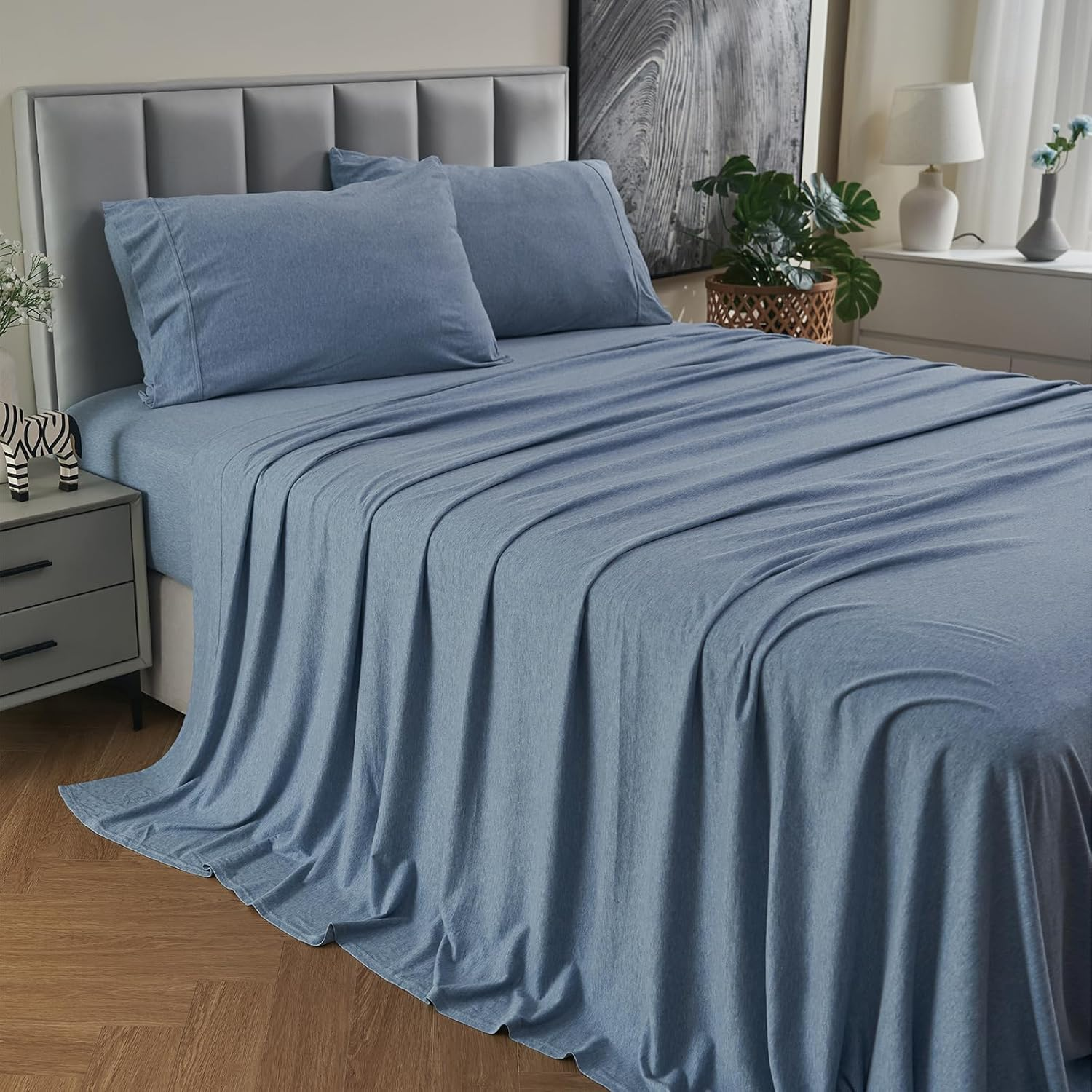 Jersey Cotton Queen Bed Sheets Breathable Ultra Soft Cotton Jersey Sheets Queen Comfy All Season 4Pcs Stretchy Knit T Shirt Fitted Jersey Sheet Set Queen Bed (Coffee Marle, Queen)