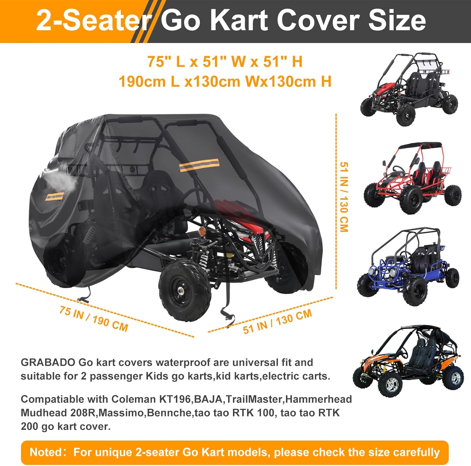 Large Go Kart Covers Waterproof,Heavy Duty 420D 2 Seater Go Kart Cover,Go Kart Accessories with Air Vent,4 Reflective Handles,2 Windproof Buckles,Protective Gokart Car Cover for Coleman Kt196,Segway image number 6