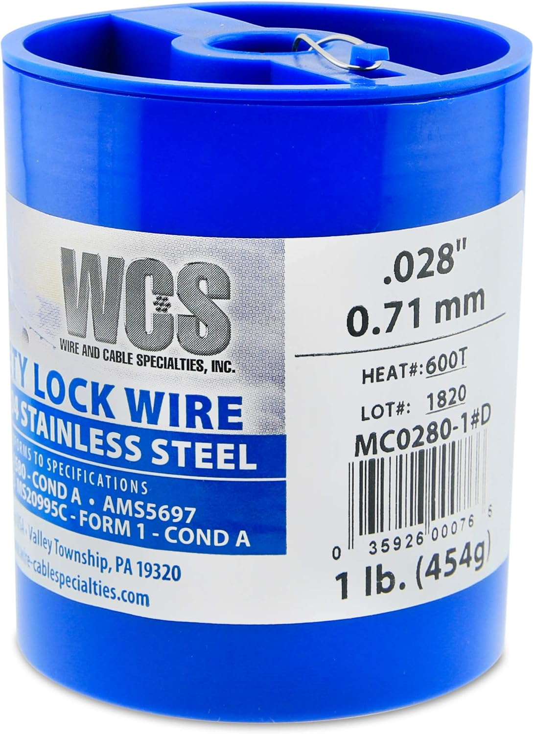 Lock Wire, T302/304 Stainless, NASM20995, MS20995C, ASTM A580 Cond A, AMS5697.032 in (0.81 Mm), 1 Lb (0.45 Kg) Dispenser Can, Approx. 362 Ft (110 M)