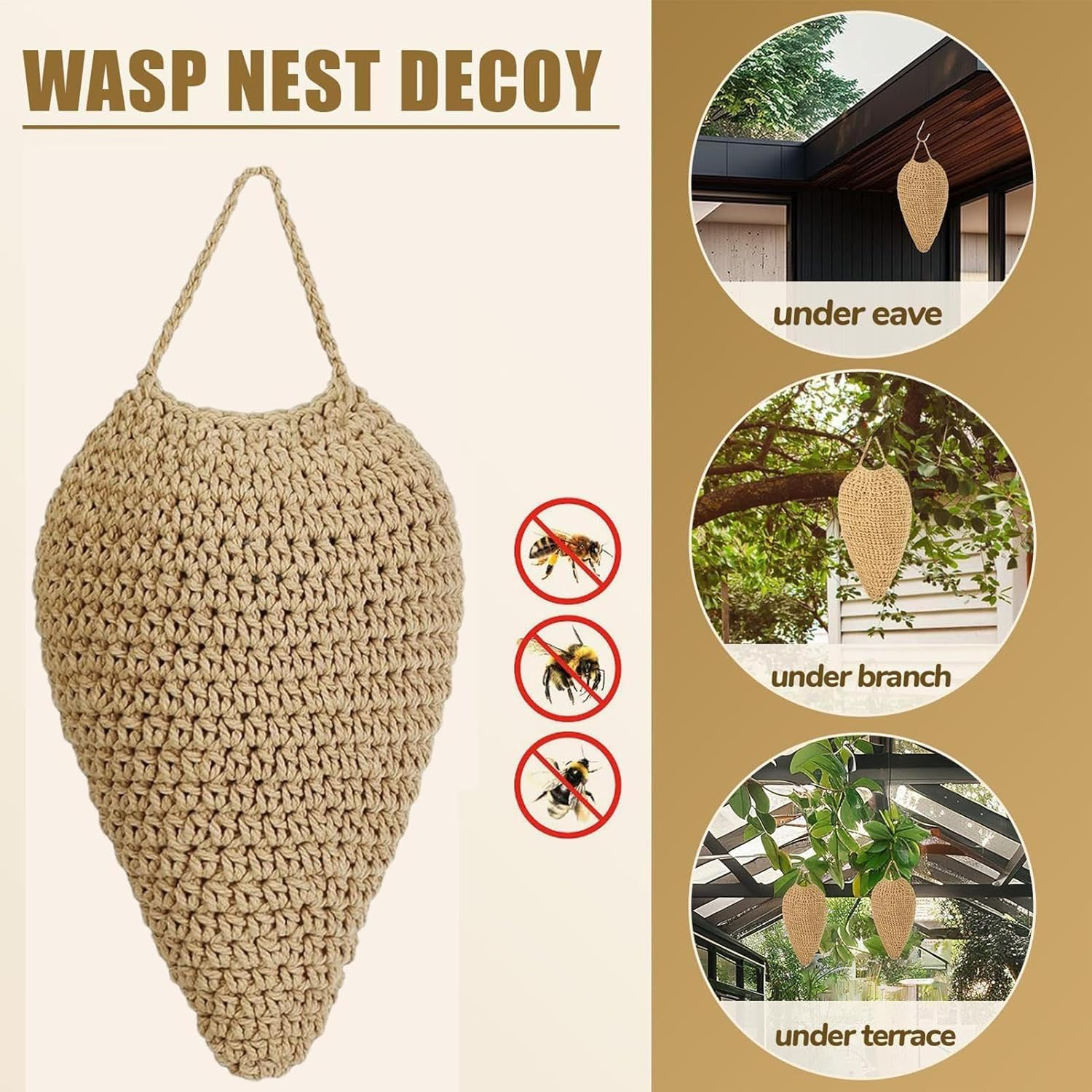 Crochet Wasp Nest Decoy, Fake Bee Hive, Faux Hangable Deter Decoration, Artificial Hive for Outdoor Patio Eaves Garden Orchard image number 4