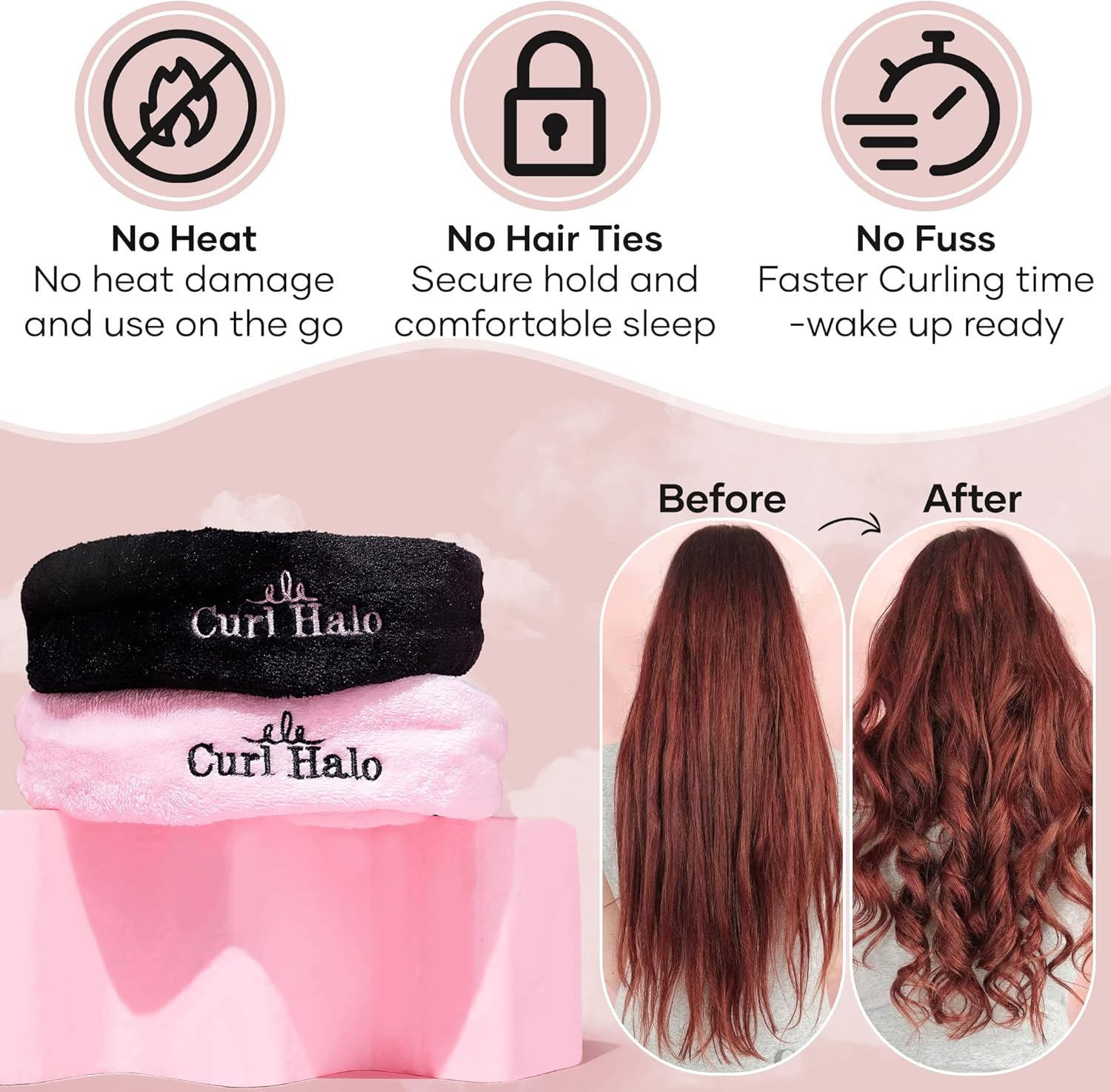 Curl Halo Heatless Curls | the Ultimate Heatless Curler for All Hair Types | Microfiber Heatless Curler | Wired Overnight Curler for Secure Hold (Black)