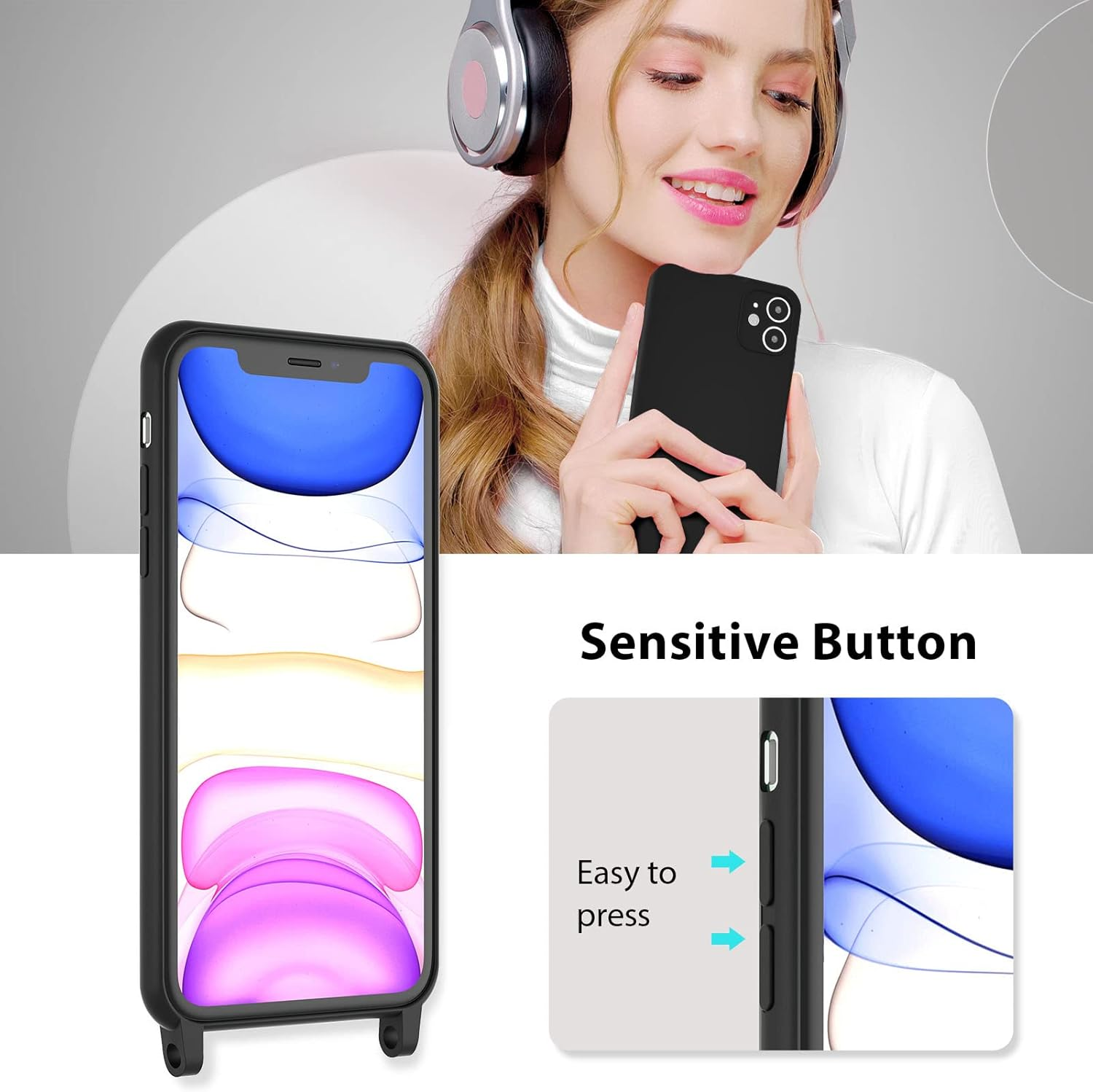 UEEBAI Crossbody Lanyard Phone Case for Iphone 11 6.1 Inch, Silicone Phone Cover with Adjustable Necklace Strap Soft Belt Neck Cord Lanyard Shockproof Protective Case - Black image number 4