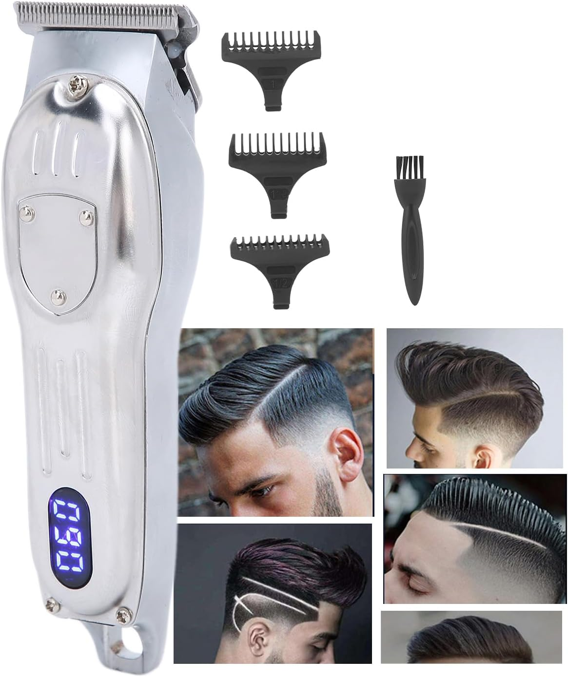 Electric Hair Trimmer with LCD Screen, Vintage Oil Head, Comfortable Grip, Professional 3 Guide Combs, Low Noise High Speed Motor, USB Charging, (Silver) image number 4
