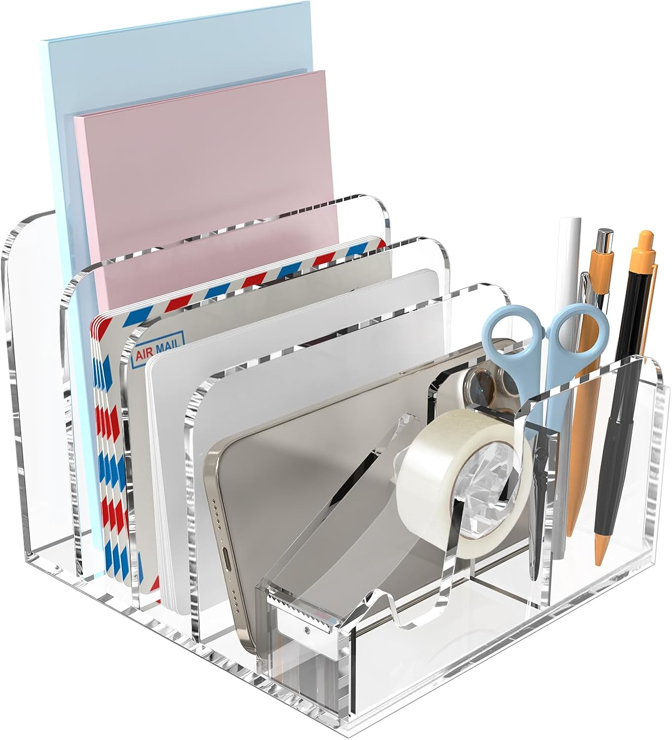 Merrynine Acrylic Desk Organizer, Clear Desk Storage with 4 Compartments, Pencil Holder for Office,Home, School Desk Organization image number 3