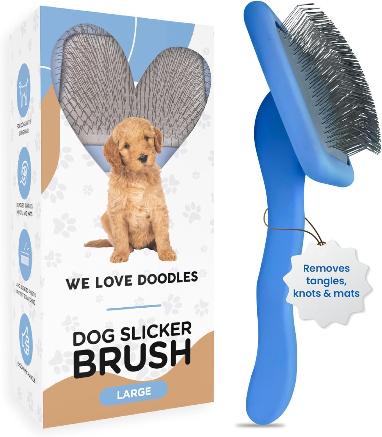 We Love Doodles Dog Slicker Brush for Grooming Pet Hair - Best Brushes for Poodle & Golden Doodle - Long Haired Brush for Dogs - Goldendoodle Long Pin Brush for Dematting (Large) image number 1