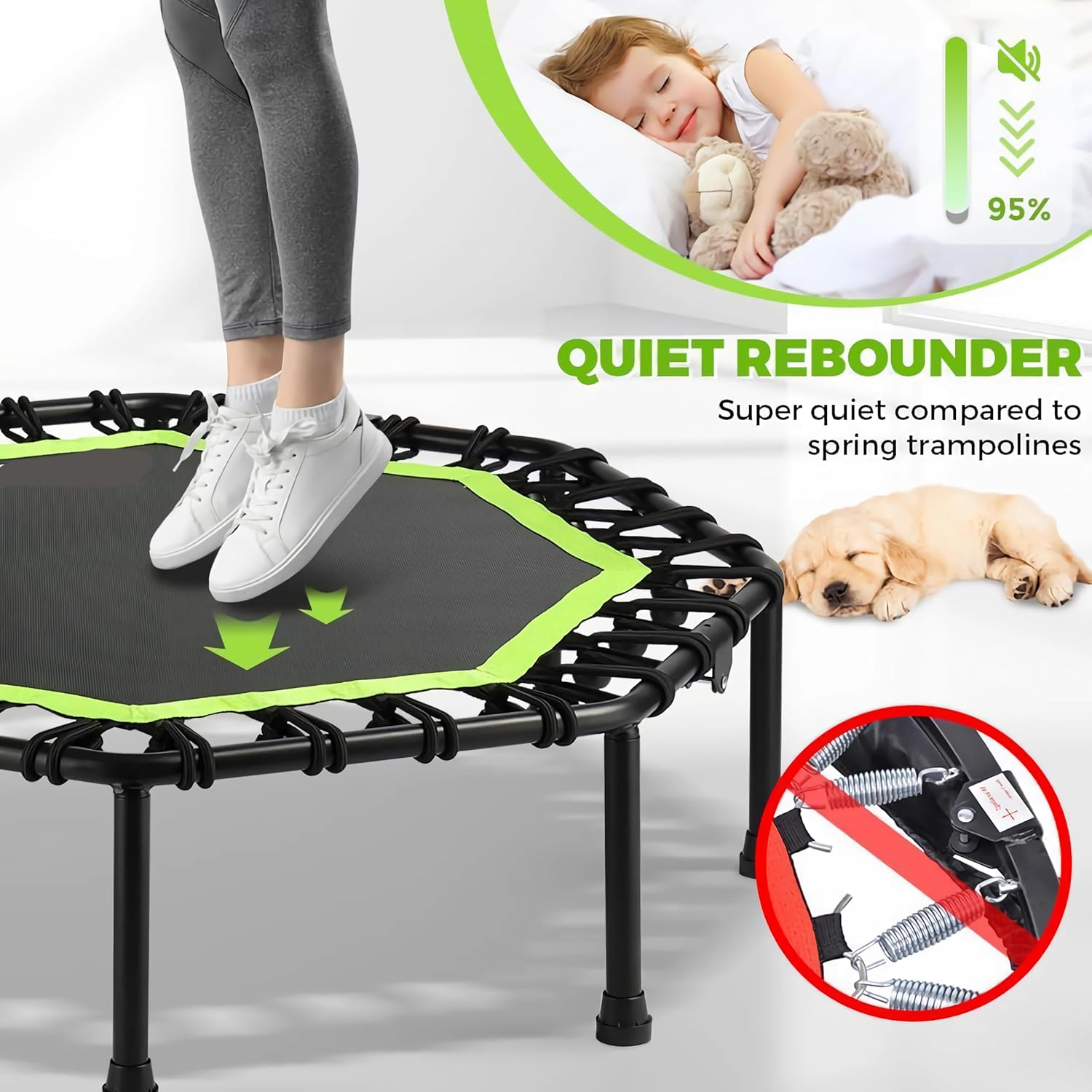 Green Quiet Bungee Rebounder with Adjustable Handle &ndash; Noiseless Cardio Trampoline for Adult Fitness, Home Workout & Low-Impact Exercise image number 3