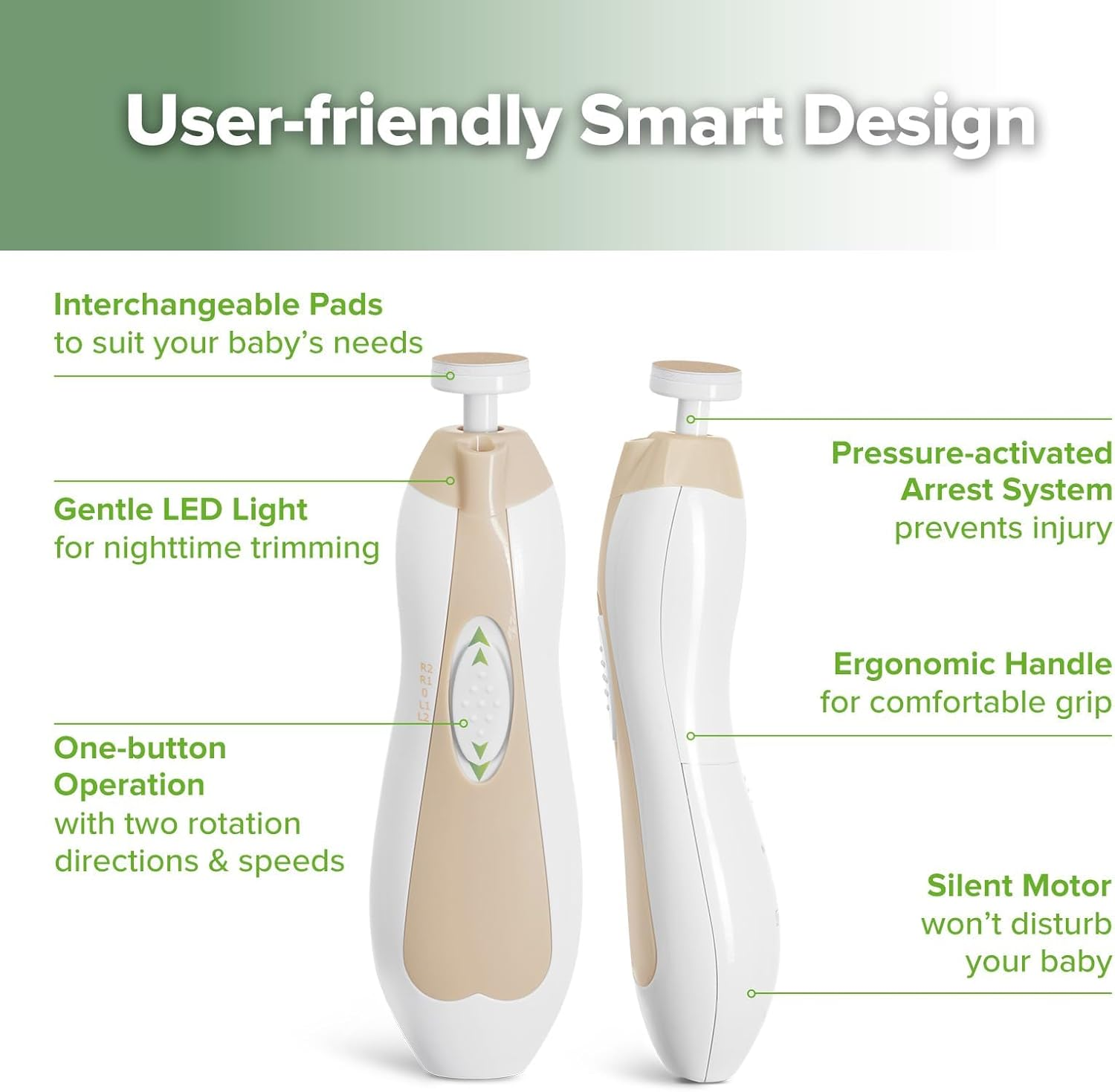 Haakaa Baby Nail File Electric Baby Nail Care Set with LED Light, Baby Nail Clippers for Newborn/Infants/Adults Toes and Fingernails, 6 Replacement Heads & Storage Case, Acorn - Lavender image number 5