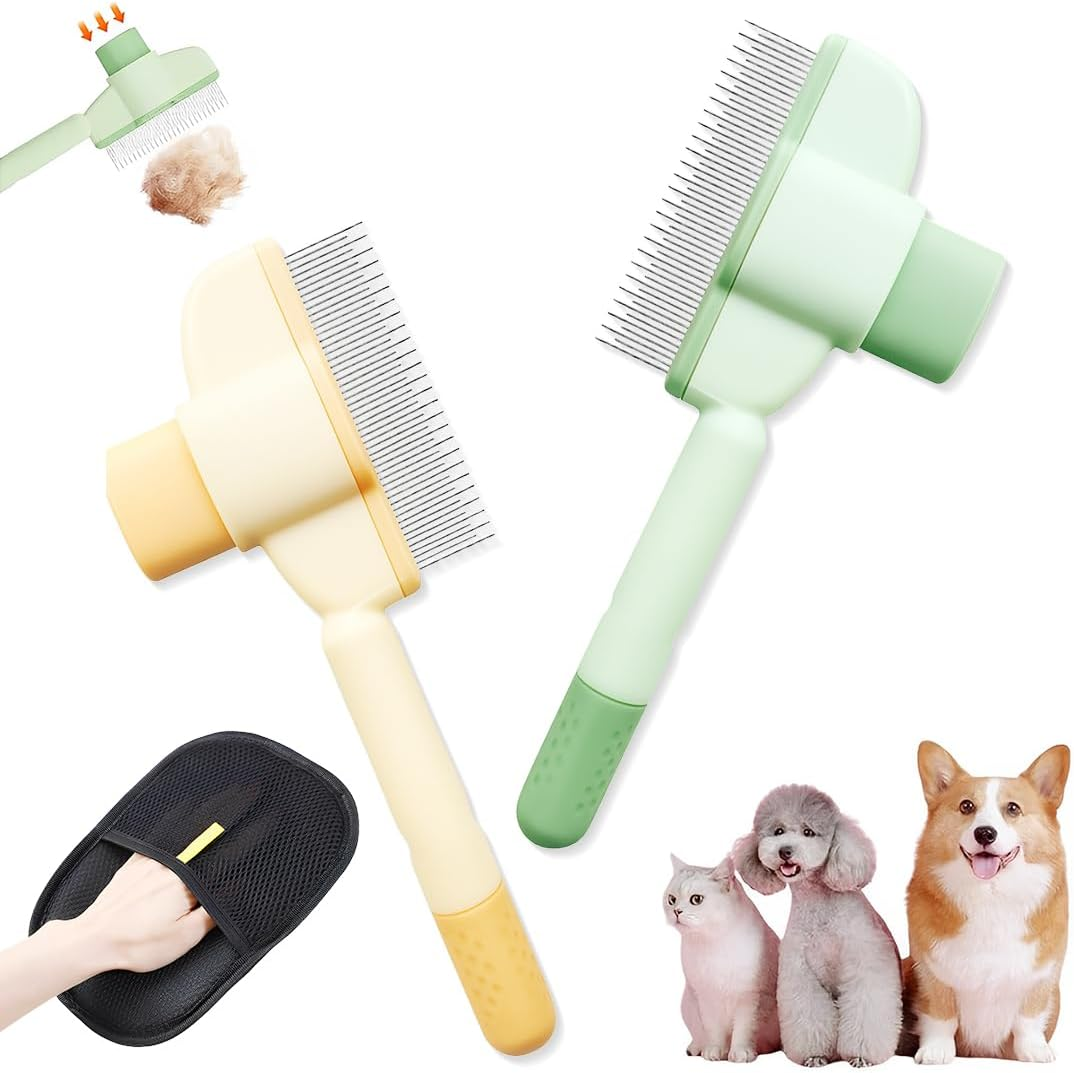 JYNVO Fellblitz Brush Set Self-Cleaning (2 Brushes + Fur Glove) for Dogs and Cats - Flea Comb, Massage Brush for Long and Short Hair (Green & Yellow) image number 5