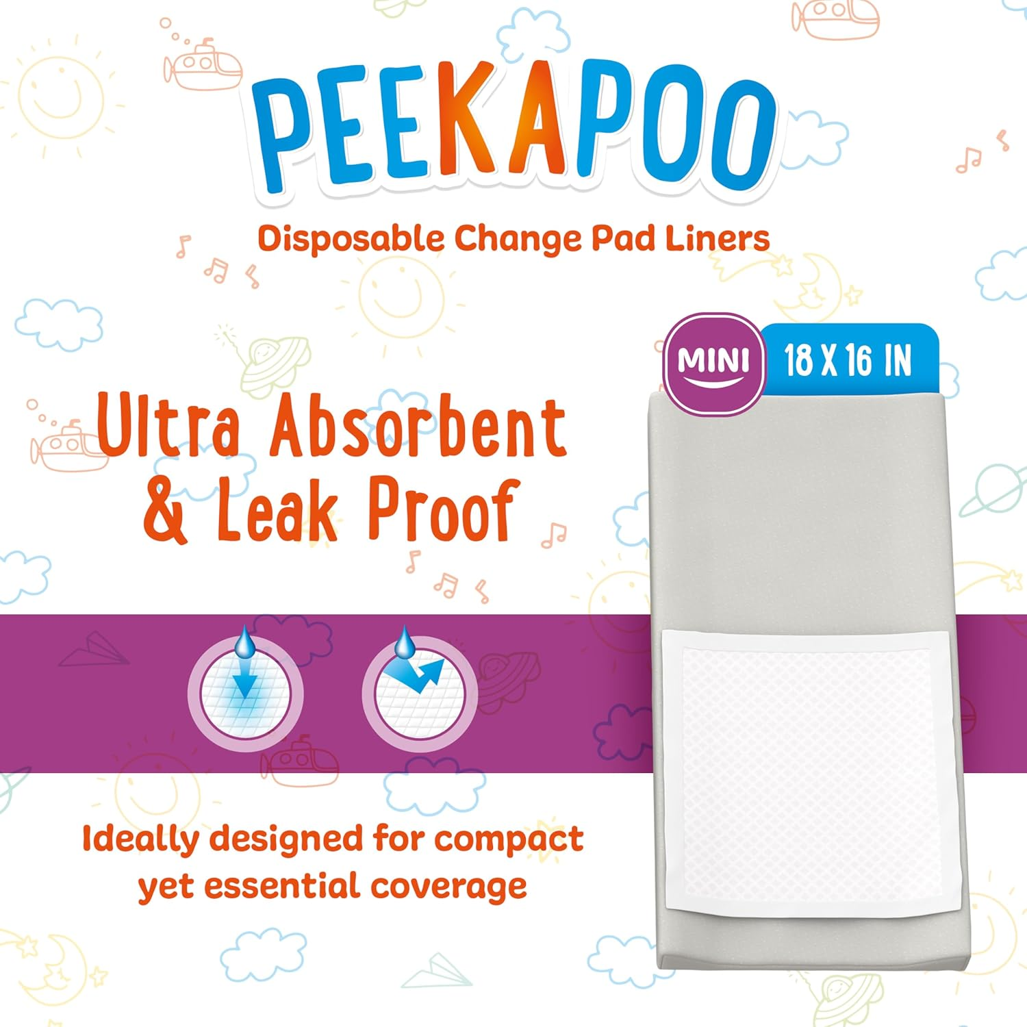 Peekapoo Mini - 100 Pack Disposable Changing Pads for Baby (18 Inches X 16 Inches) Disposable Waterproof Liners, Diaper Changing Pad Protector Mat