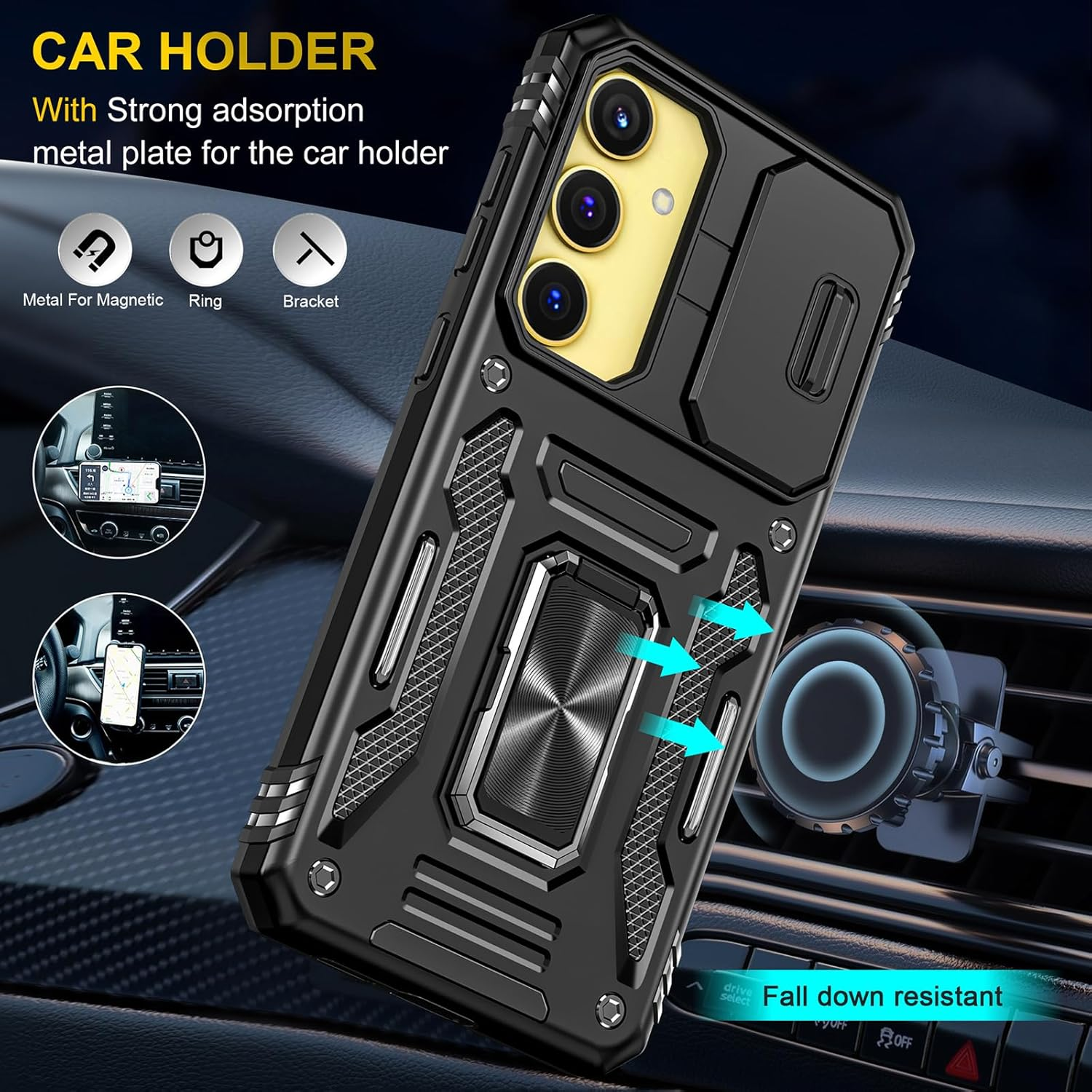 Lumobrilla for Samsung Galaxy S25 FE Case with Sliding Camera Cover,360&deg; Rotate Ring Stand Heavy Duty Protective Shockproof Cover Phone Case for Samsung S25 FE 5G,Black