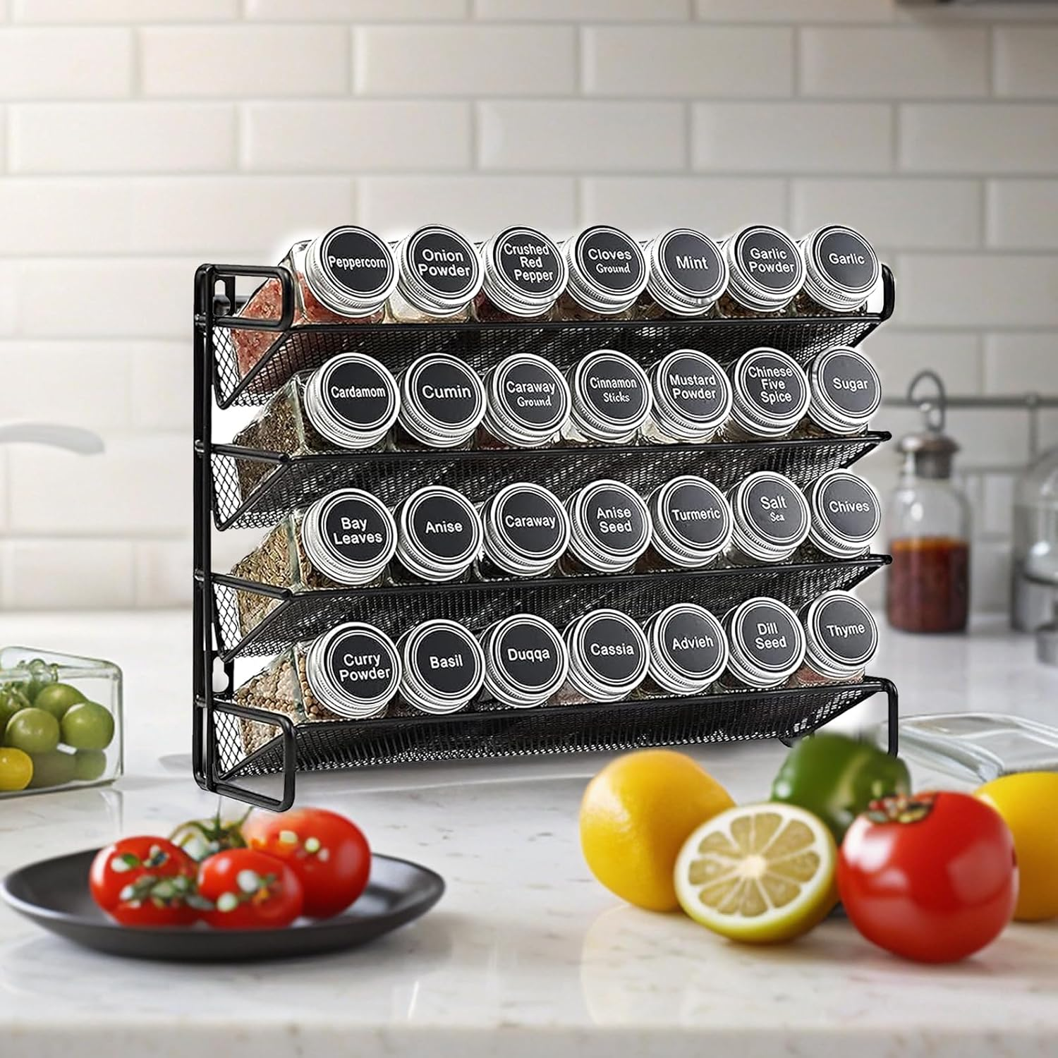 UPAUS Spice Rack Organizer with 28 Spice Jars, 180 Spice Labels, Chalk Marker, Bottle Brush and Funnel Set for Cabinet, Countertop, Pantry, Cupboard or Door & Wall Mount, 4 Tier, 34.5Cm W &times; 26.7Cm H image number 4