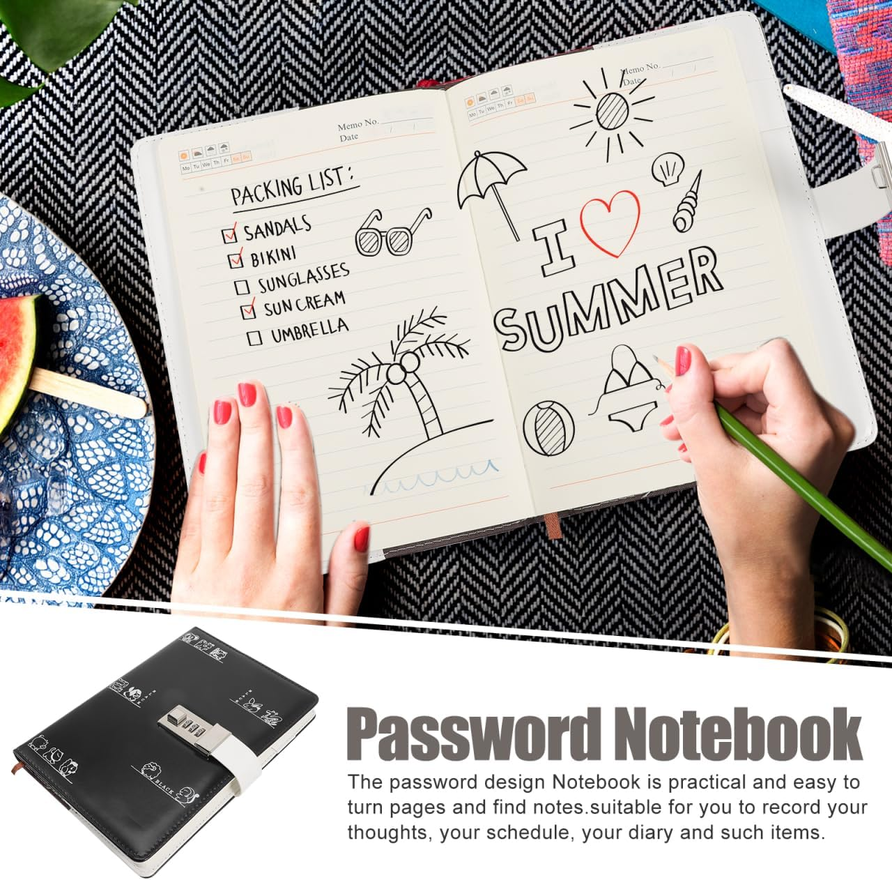 NUOBESTY Lockable Journal Diary with Lock Black Password Book with Code Lock Protection Pu Notebook for Students Adults 21.5Cm image number 5
