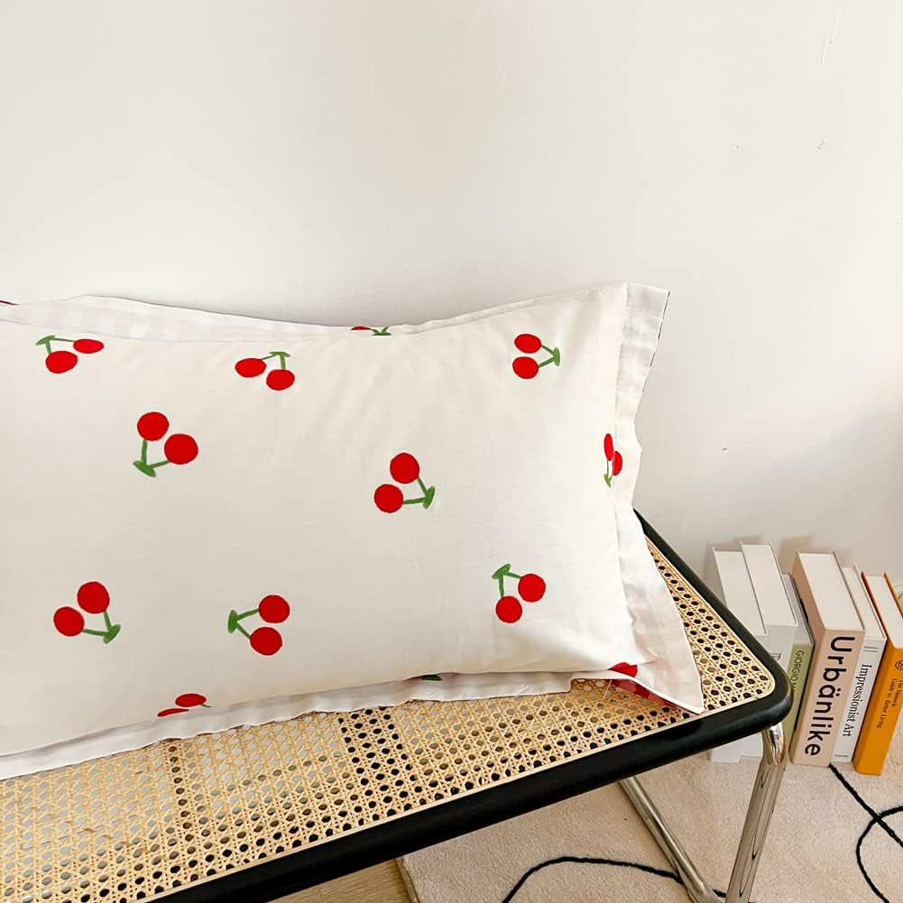 Blueblue Cherry Kids Duvet Cover Set Queen 100% Cotton Bedding for Boys Girls Teens Cartoon Red Cherries Pattern on White 1 Cute Fruit Full Comforter Cover 2 Pillow Shams (Queen) image number 4