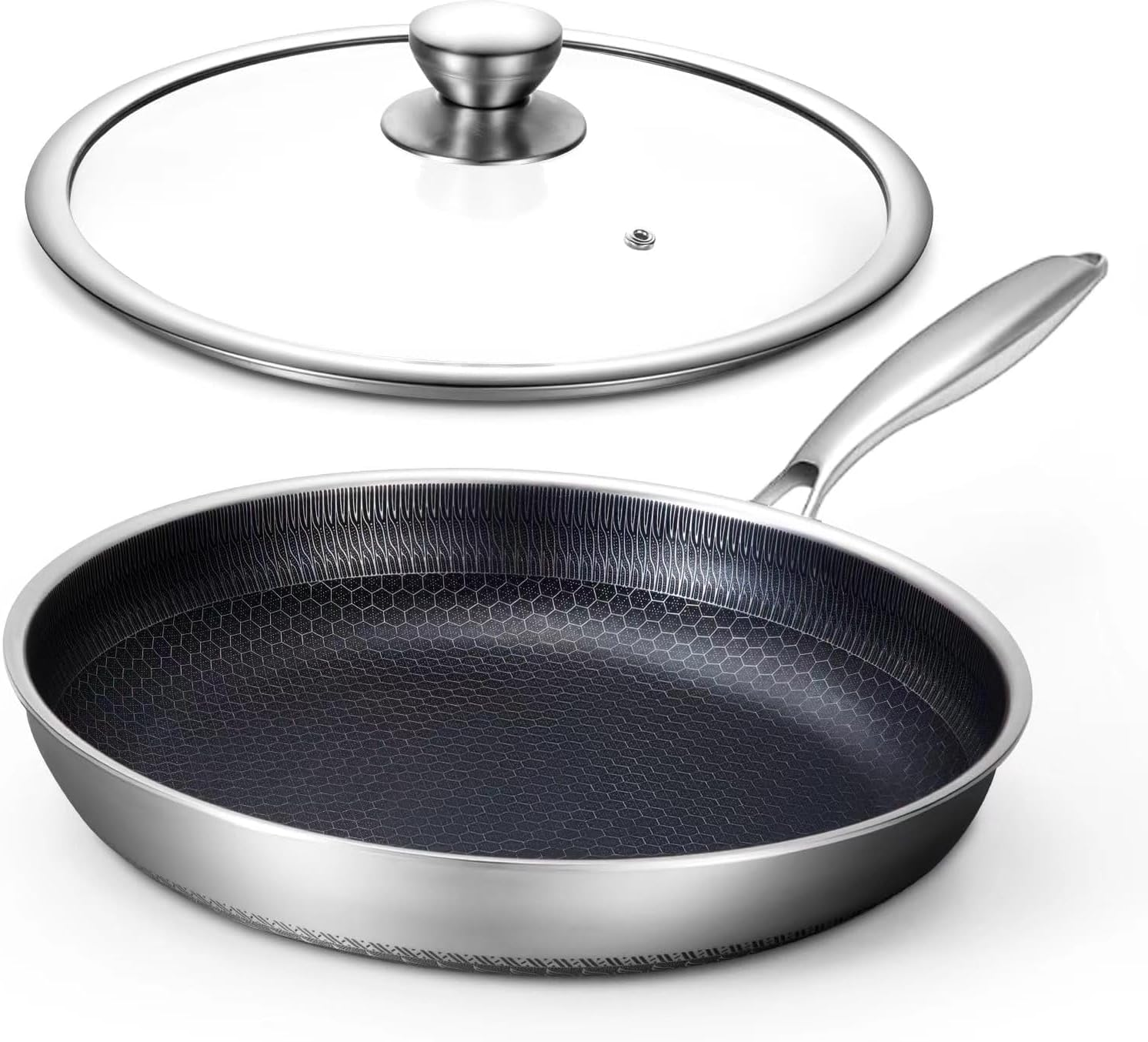 Non Stick Frying Pans, Hybrid 12 Inch/30Cm Frying Pans Nonstick with Lid, Stainless Steel Skillets Chef Cookware, PFOA Free, Works on Induction,Ceramic,Gas Cooktops and Ovens image number 5