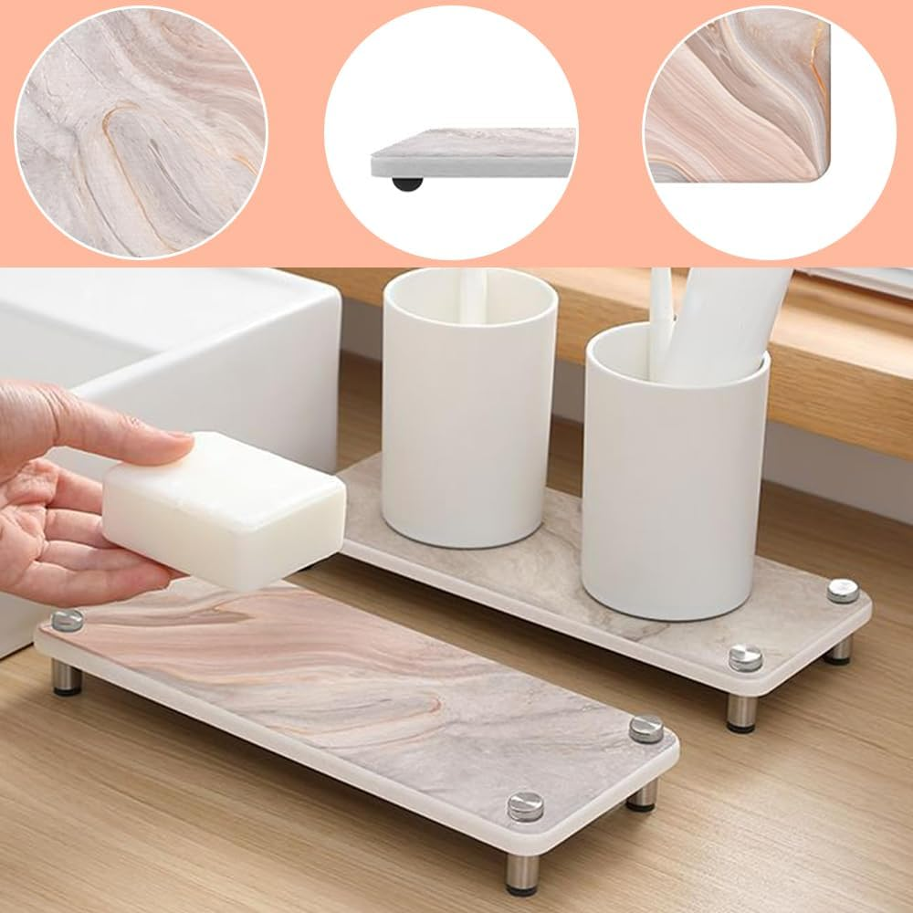 2 Pack Quick Drying Diatomaceous Earth Sink Tray, Marble Stone Drying Mats for Kitchen Counter, Fast Drying Diatomite Caddy, Bathroom Cosmetics Holder Organizer (M) image number 3