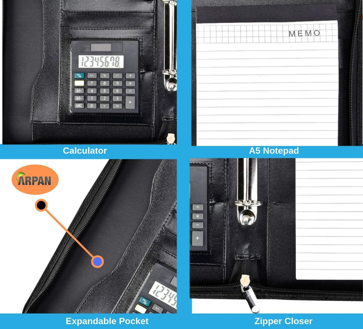 A5 Zipped Business Executive Conference Folder with Calculator & Pad Ring Binder Portfolio - Black Arpan image number 1