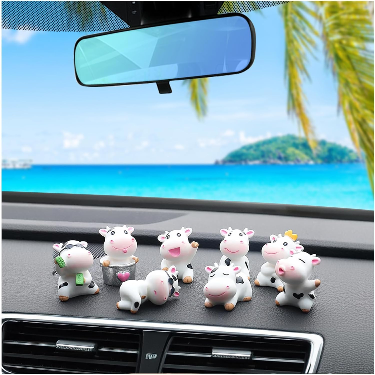 8Pcs Cute Cow Car Dashboard Ornaments - Vehicle Rear View Mirror/Dashboard/Touchscreen Top Funny Adorable Mini Decor Set, Cars Interior Accessories for Women Men (1, Cow) image number 4