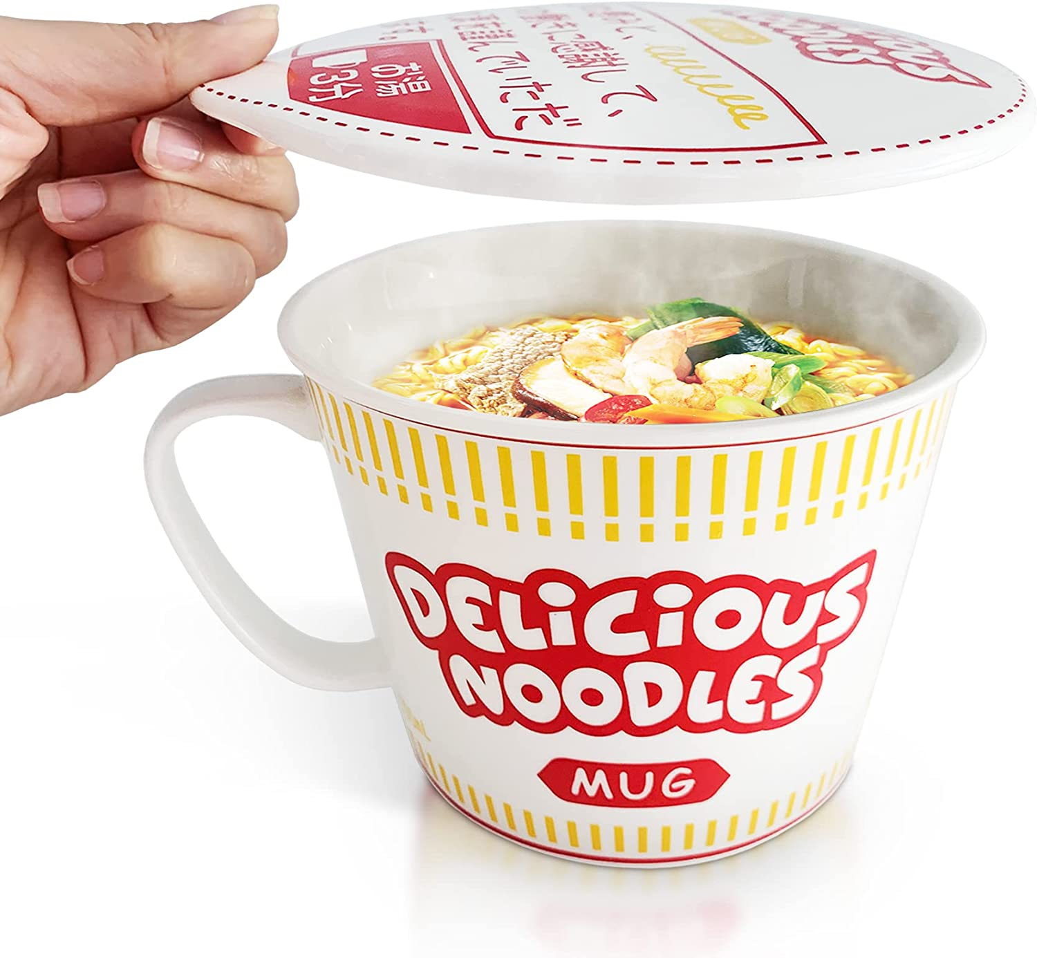 Sophie & Panda Porcelain Instant Noodle Bowl Mug with Handle 34 Oz - a Must-Have Accessory for Anyone Who Loves Asian Noodles - One Novelty 5.5&rdquo; X 4.5&rdquo; Ramen Bowl with Lid (Red)