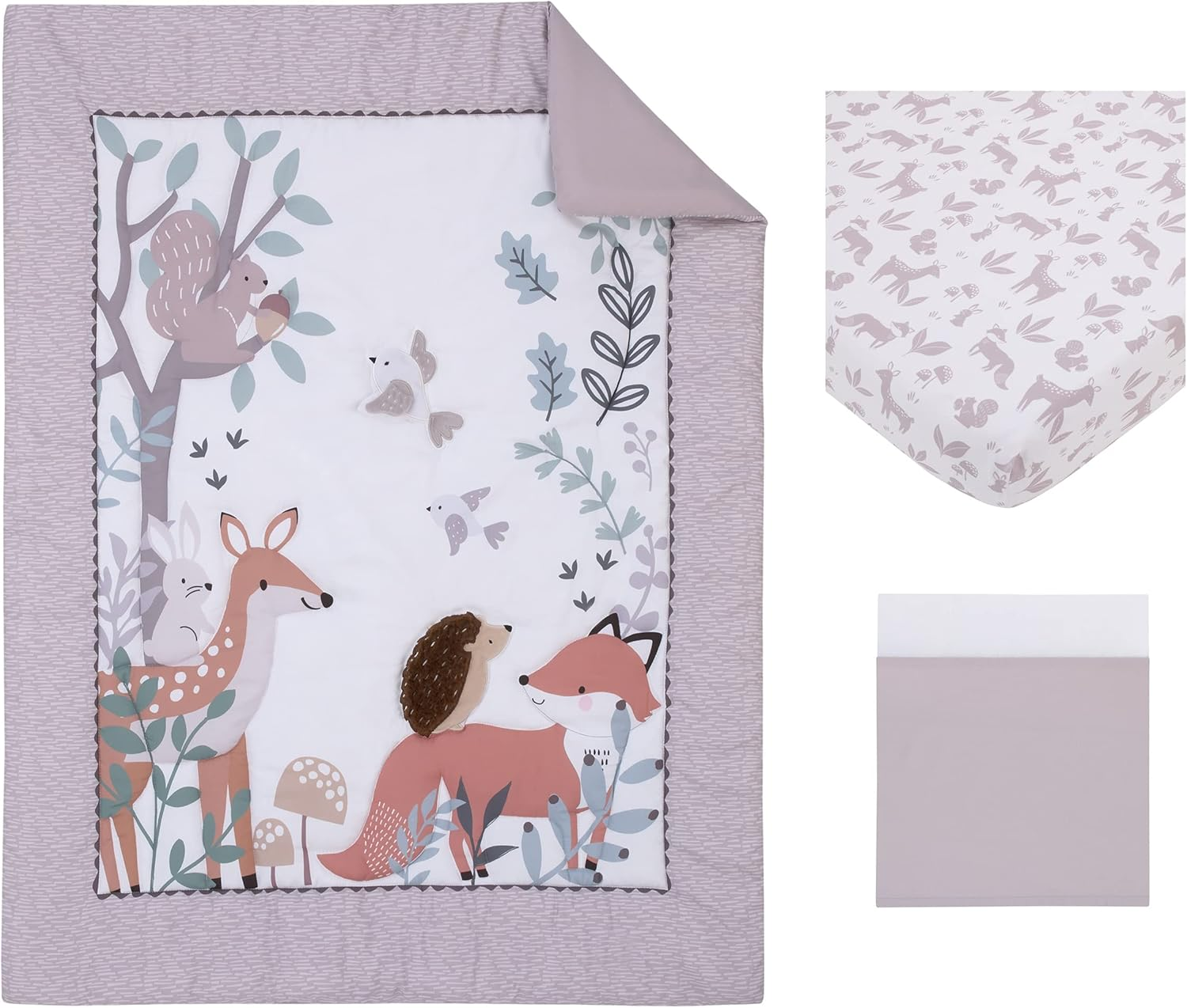 Nojo Little Love Woodland Meadow Taupe, Sage, and White Deer, Fox, and Hedgehog 3 Piece Nursery Crib Bedding Set - Comforter, Fitted Crib Sheet and Crib Skirt - Rainbow  Sun Pink/White/Yellow image number 2