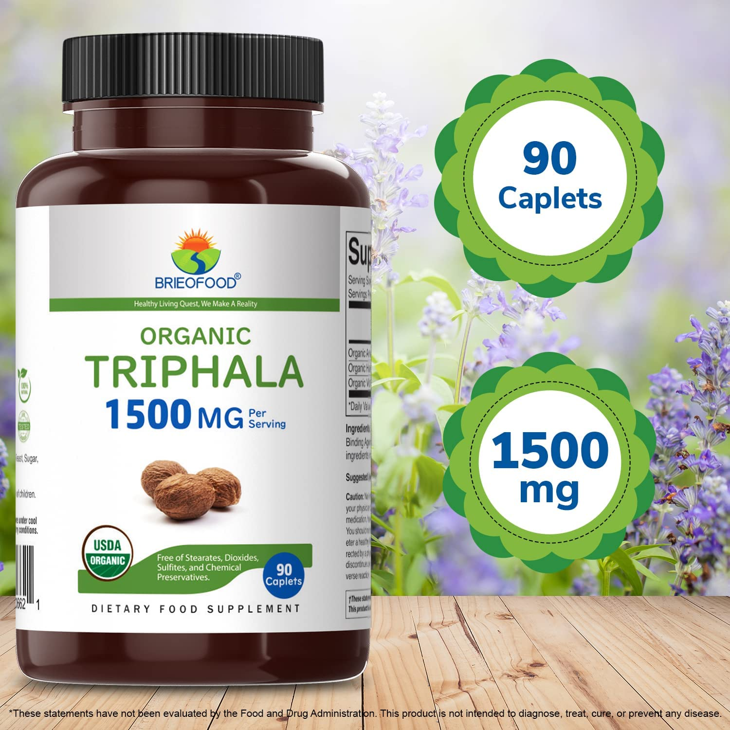 Brieofood Organic Triphala 1500Mg, 45 Servings, Vegetarian, Gluten Free, 90 Vegetarian Tablets image number 2