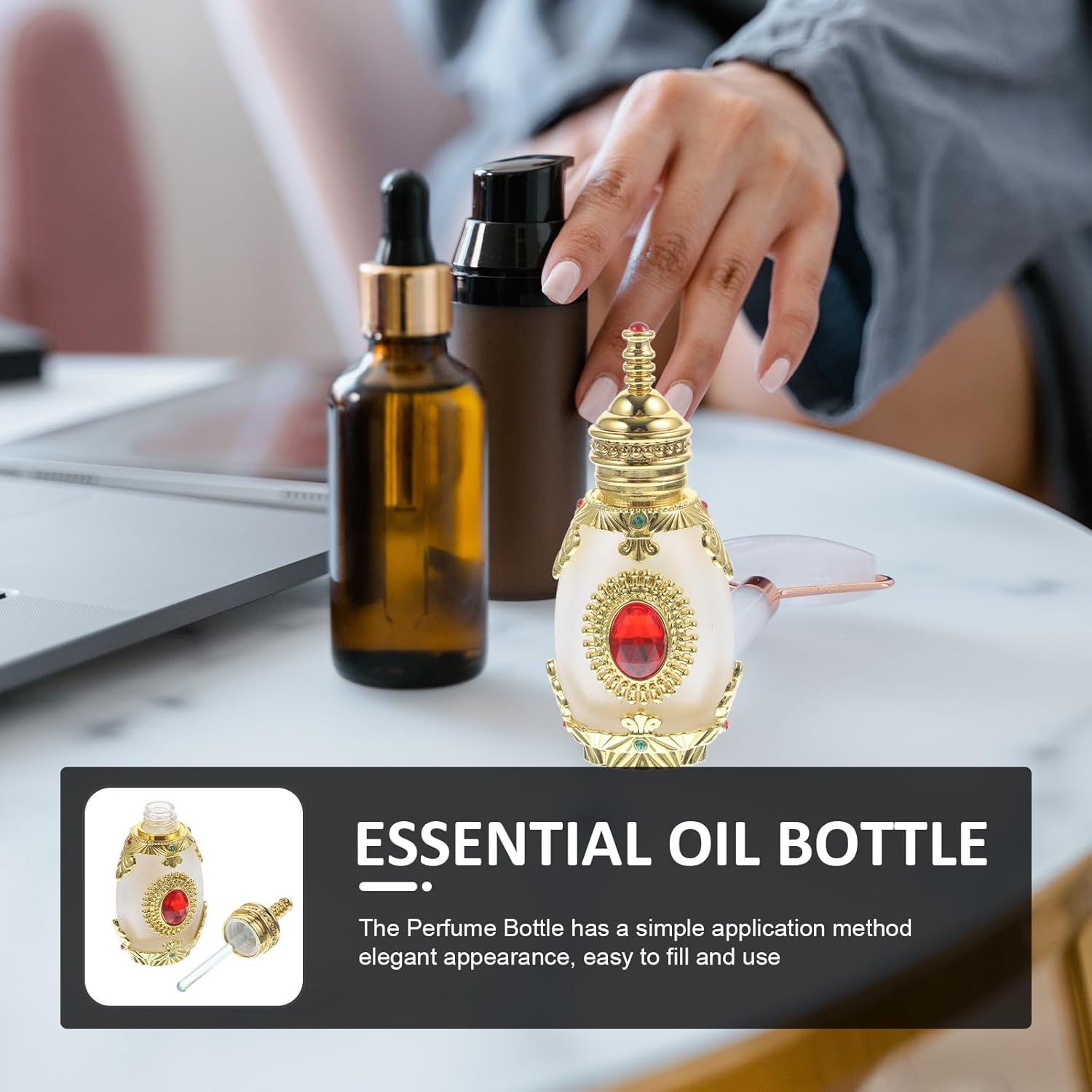 HINTRMENT Vintage Style Perfume Bottle Red Stone Essential Oil Container Refillable Middle Eastern Fragrance Storage Bottle for Anointing Oil and Travel Use image number 5