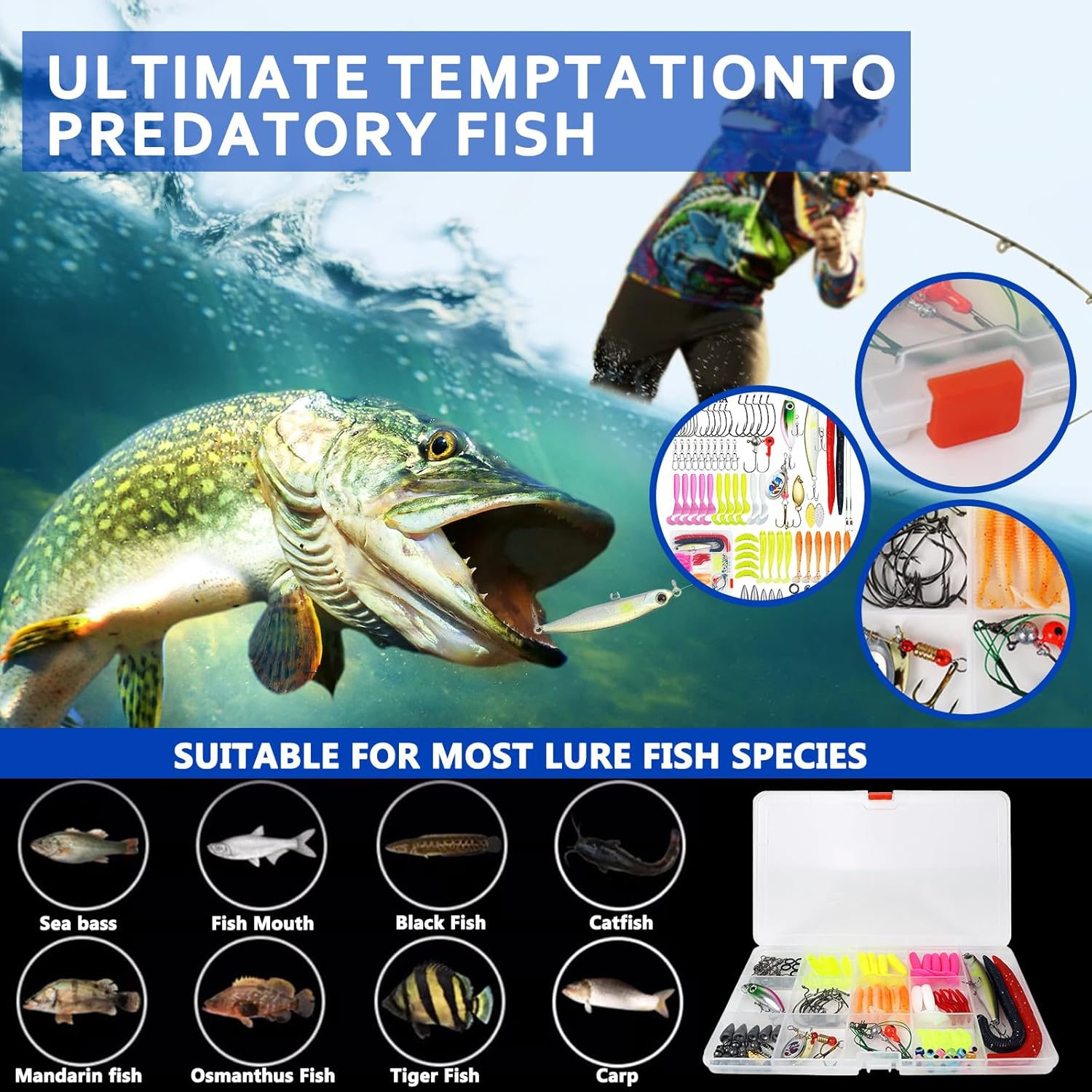 Roseflower 114 PCS Fishing Lure Set, Includes Hard and Soft Bait, Curly Tail Maggot/Double Tail Maggot, Fish Hooks, Minnow, Spinnerbait, Spoon, Freshwater Saltwater Fishing Equipment image number 3