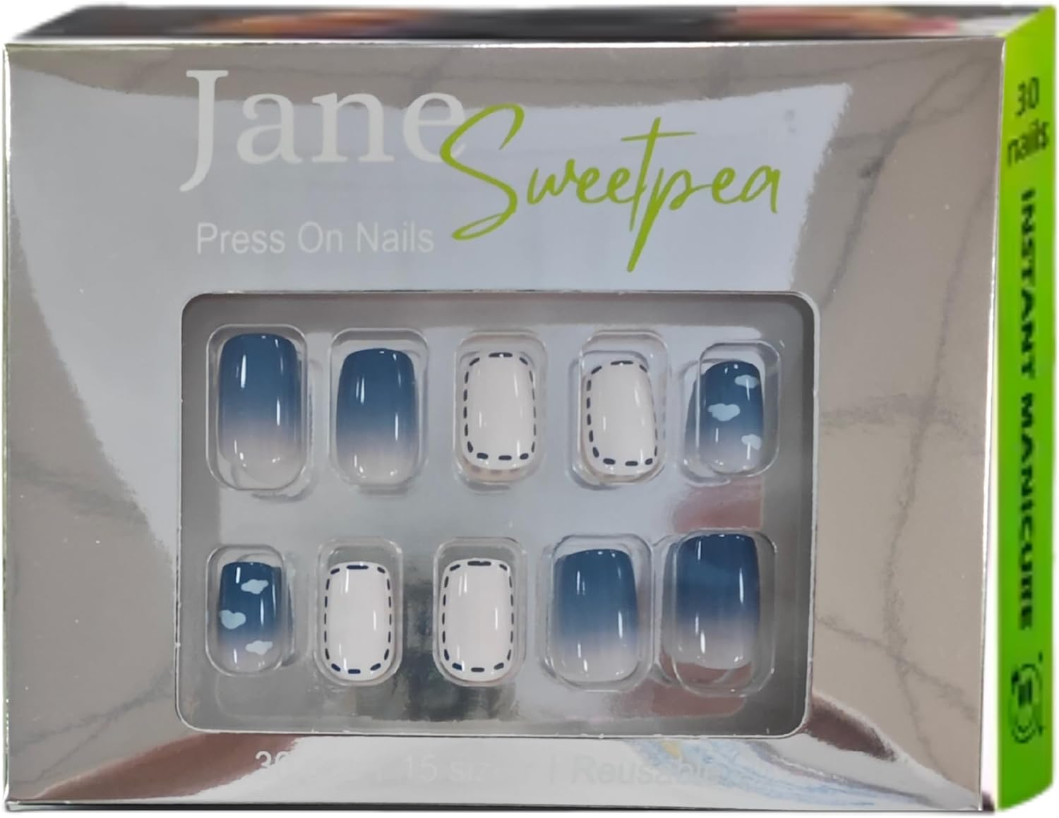 Dreamy Blue Skies Press-On Nails by Jane Sweetpea &ndash; Glossy Sky-Inspired Clouds Design, 30 Reusable Tips, Medium Squoval, Glue, Adhesive Tabs & Manicure Tools Included