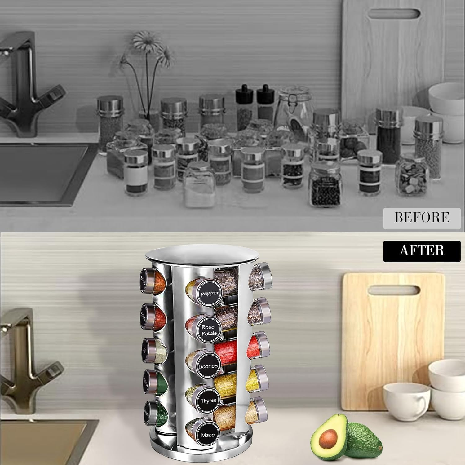 Uvwey Revolving Spice Rack with 20 Jars,Polished Stainless Steel with Black Caps, Stainless Steel Spice Carousel for Kitchen Countertop, Cabinet image number 3