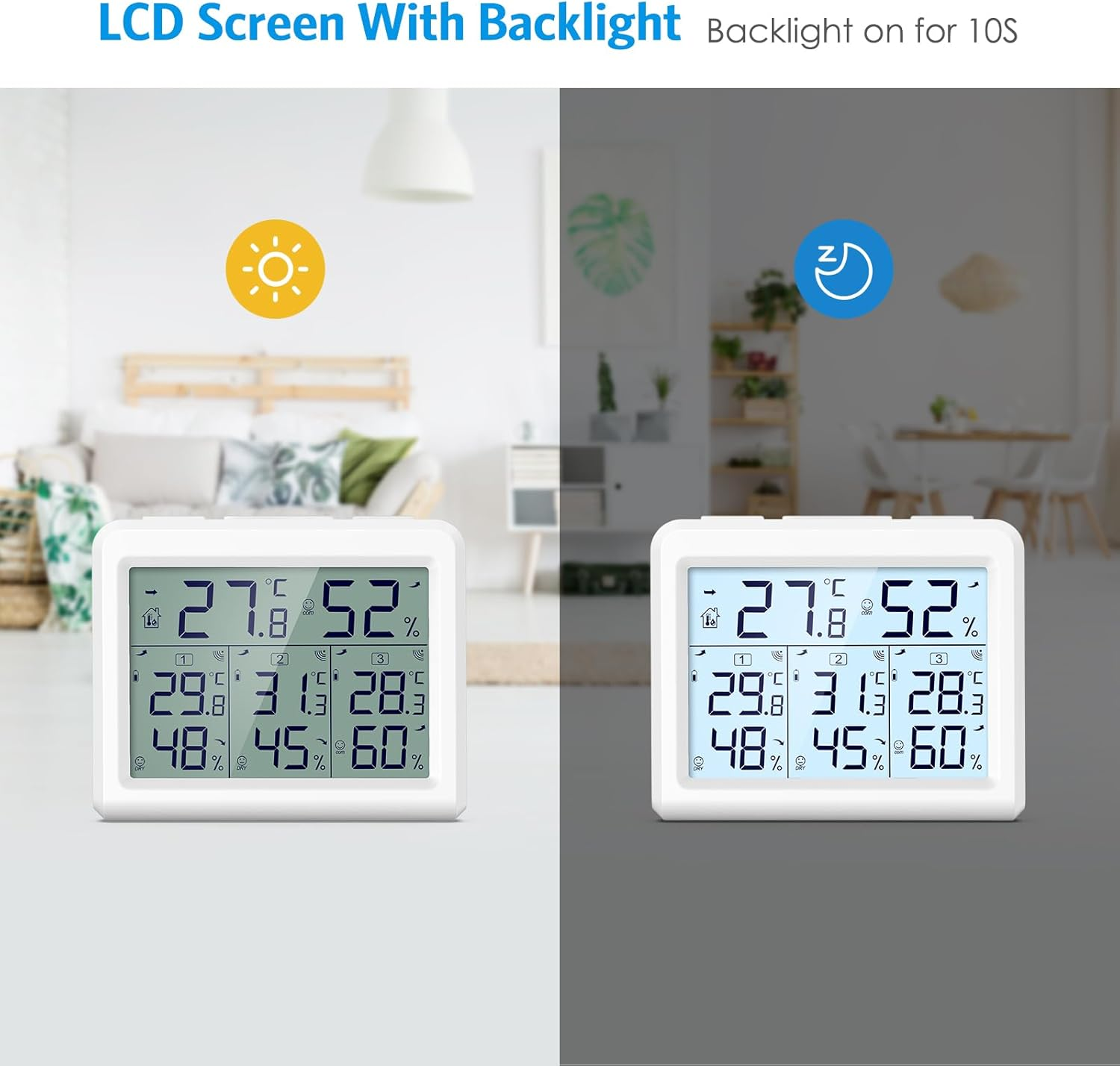 AMIR Indoor Outdoor Thermometer, 3 Channels Digital Hygrometer Thermometer with 3 Sensor, Temperature Humidity Monitor with LCD Display, Wireless Humidity Gauge for Home, Baby Room image number 4