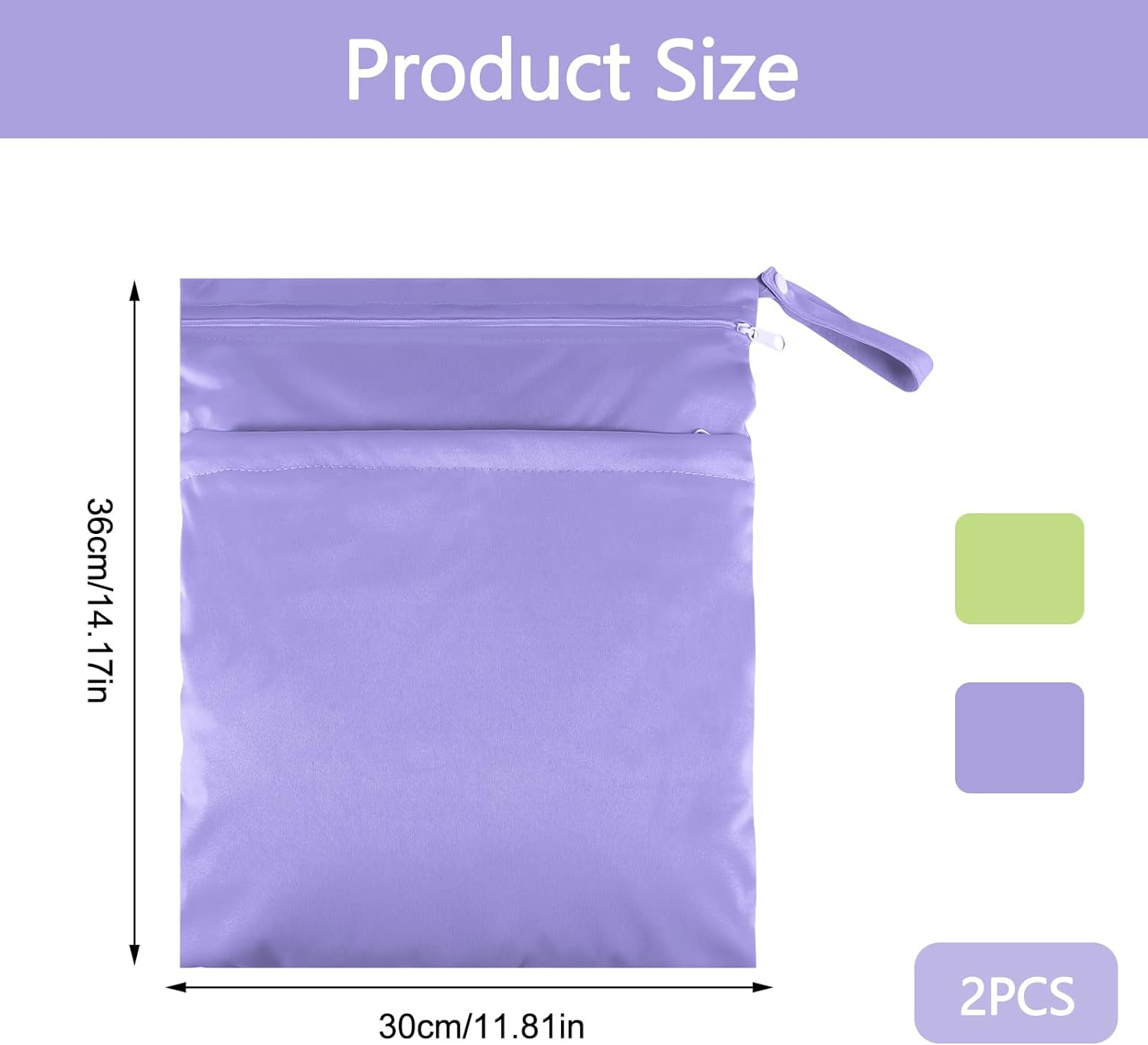 2 Packs Wet Bag, Waterproof Wet Dry Bags Reusable Washable Cloth Diaper Bags Nappy Bags with Double Zipper Pockets for Baby Items Wet Clothes Swimming Gym Pool Beach Bag, Purple+Green, - Blue+Green image number 2