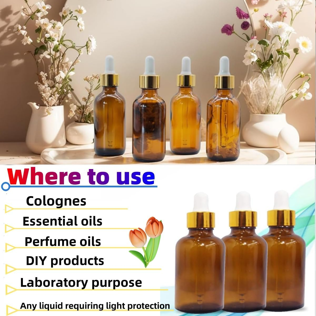 4PCS Eyedropper Bottles,Klhcduo 20 Oz Amber Glass Oil Bottle with Eyedropper,50 Ml Amber Glass Eyedropper - Tincture Bottle image number 3