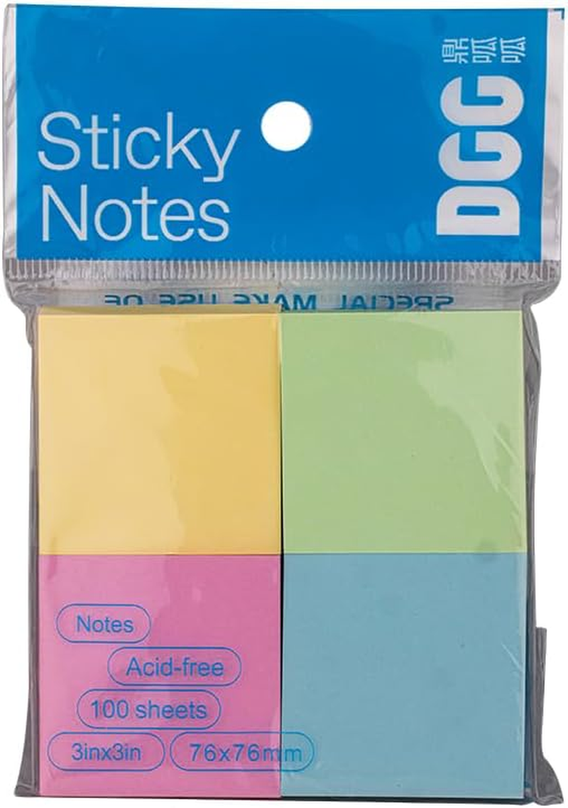 Sticky Notes, 4 Pastel Colours, 100 Sheets, 4X4Cm Each, Acid-Free