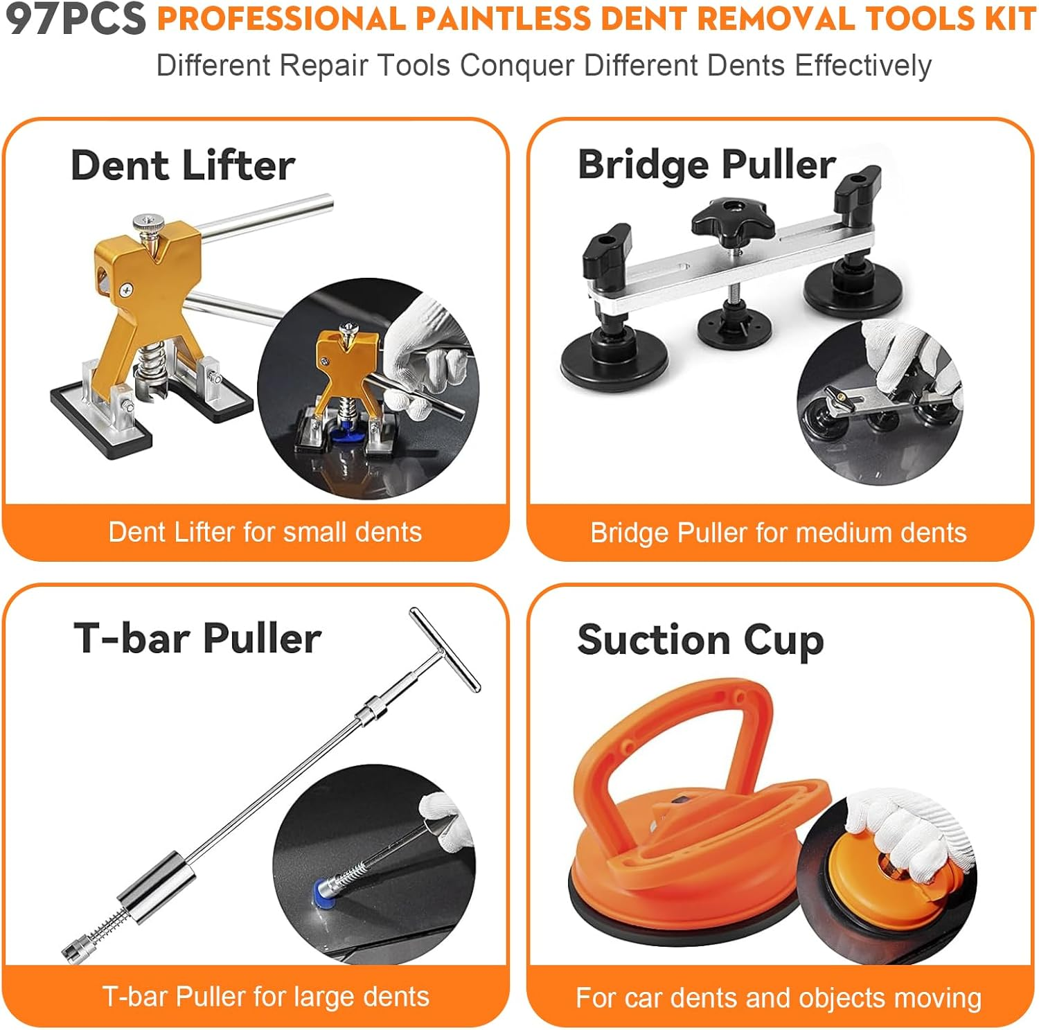 97Pcs Dent Puller Kit, Paintless Dent Removal Kit for Dent Repair, Car Dent Repair Kit with Golden Lifter, Bridge Puller, Slide Hammer T-Bar, Car Dent Puller for Car Refrigerator Door Ding Repair image number 6