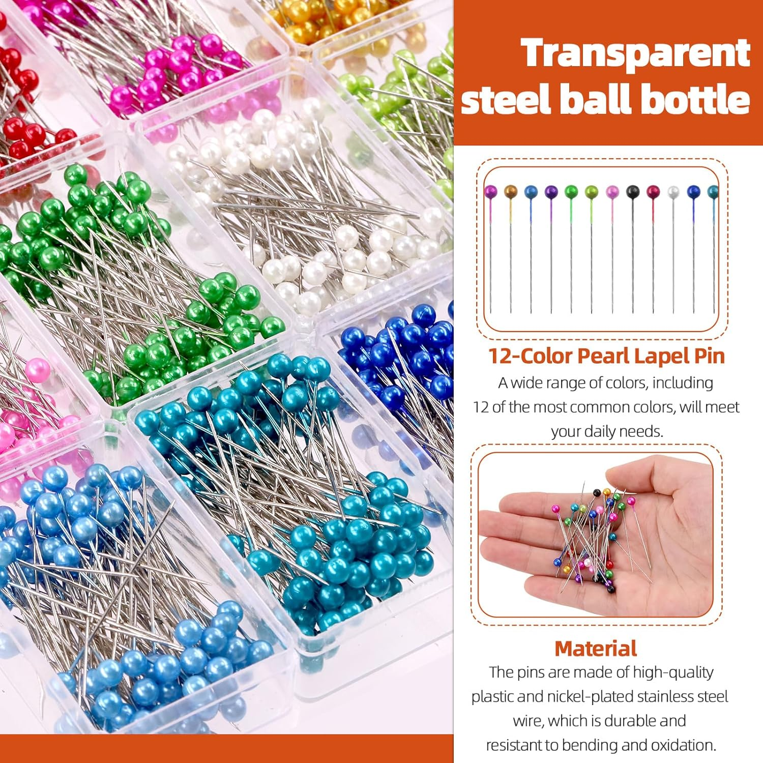 Tanstic 1200Pcs 12 Colors Sewing Pins Kit, 1.57 Inch Straight Pins with Colored Heads, Pearlized Ball Head Quilting Pins Craft Positioning Pins for Dressmaker, Jewelry DIY Decoration, Sewing Projects image number 5