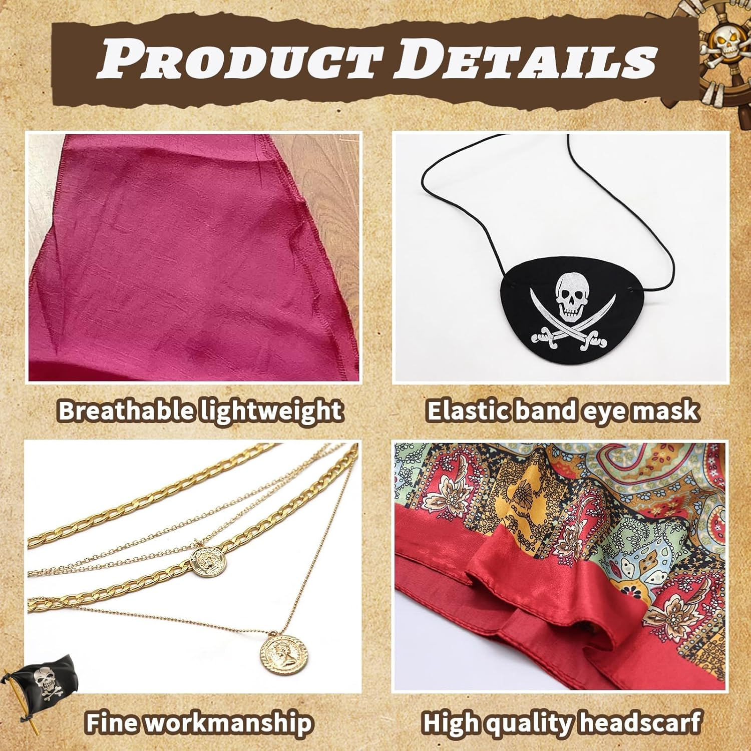 Women&rsquo;S Pirate Costume Accessories Set &ndash; 6Pcs Halloween Pirate Role Play Kit with Red Bandana Sash Belt Eye Patch Gold Earrings Necklace & Bracelet for Cosplay Masquerade Party Stage Performance image number 4