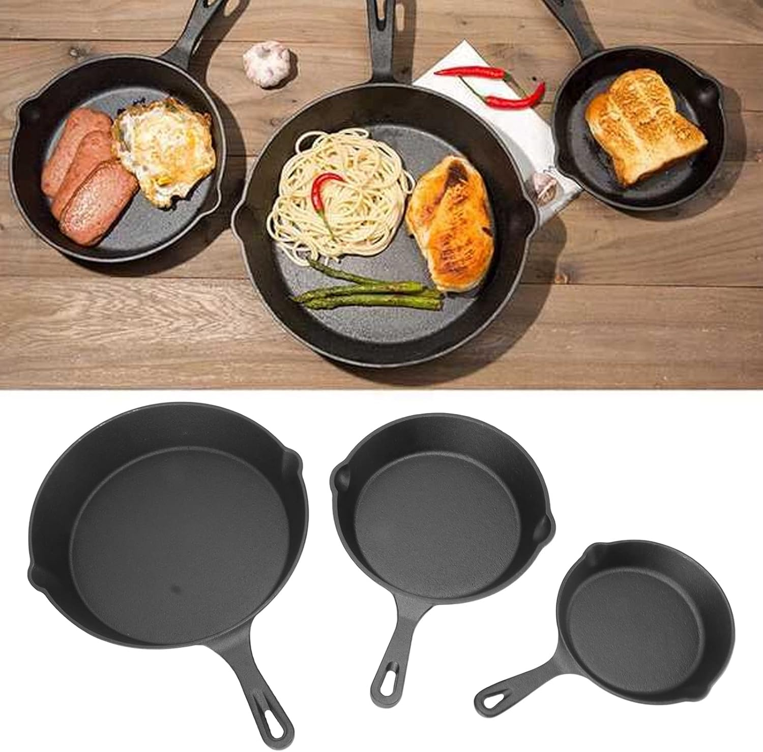 Cast Iron Skillet 3 Piece Set, Nonstick Frying Pan Set Nonstick Omelette Skillet with Handle Used on the Stovetop Campfire for Frying Stir Frying Cooking Grilling image number 5