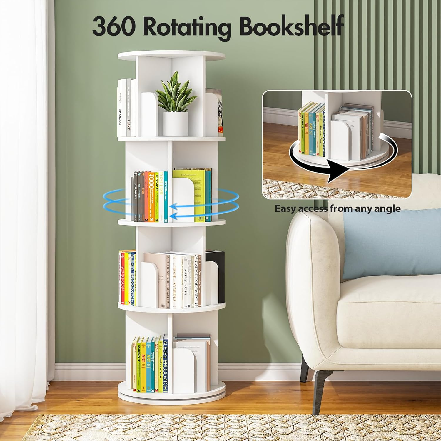 Ufurniture Rotating Bookshelf, 4-Tier Wooden Bookcase, Corner Standing Display Shelf Organizer, CD Storage Rack for Small Space Living Room Office Kids Furniture, White