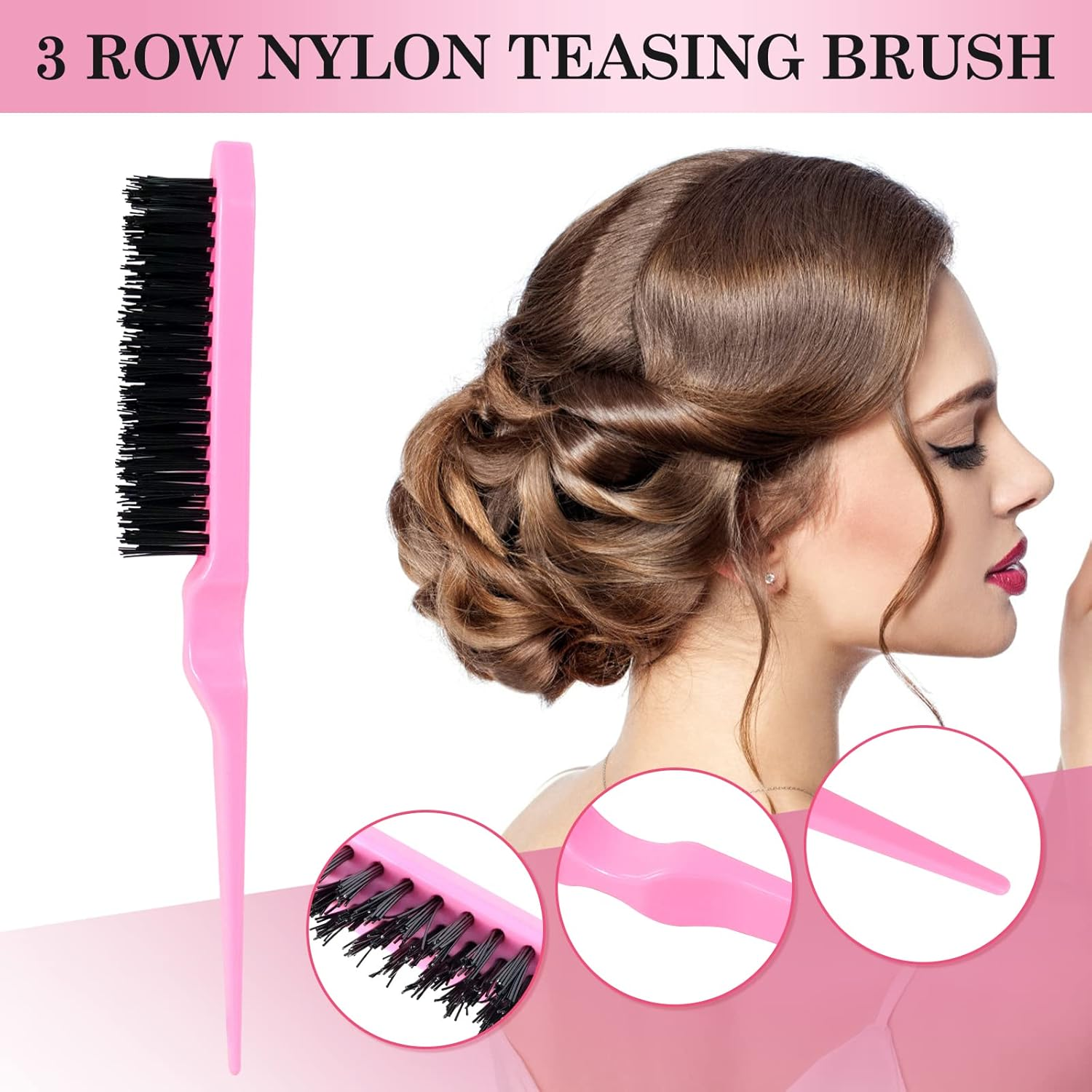 Sularpek 3 Pieces Slick Brush Set Bristle Hair Brush, Teasing Brush Edge Brush, Rat Tail Comb, for Edge & Back Brushing, Combing Slicking Hair for Women Girls (Pink) image number 1