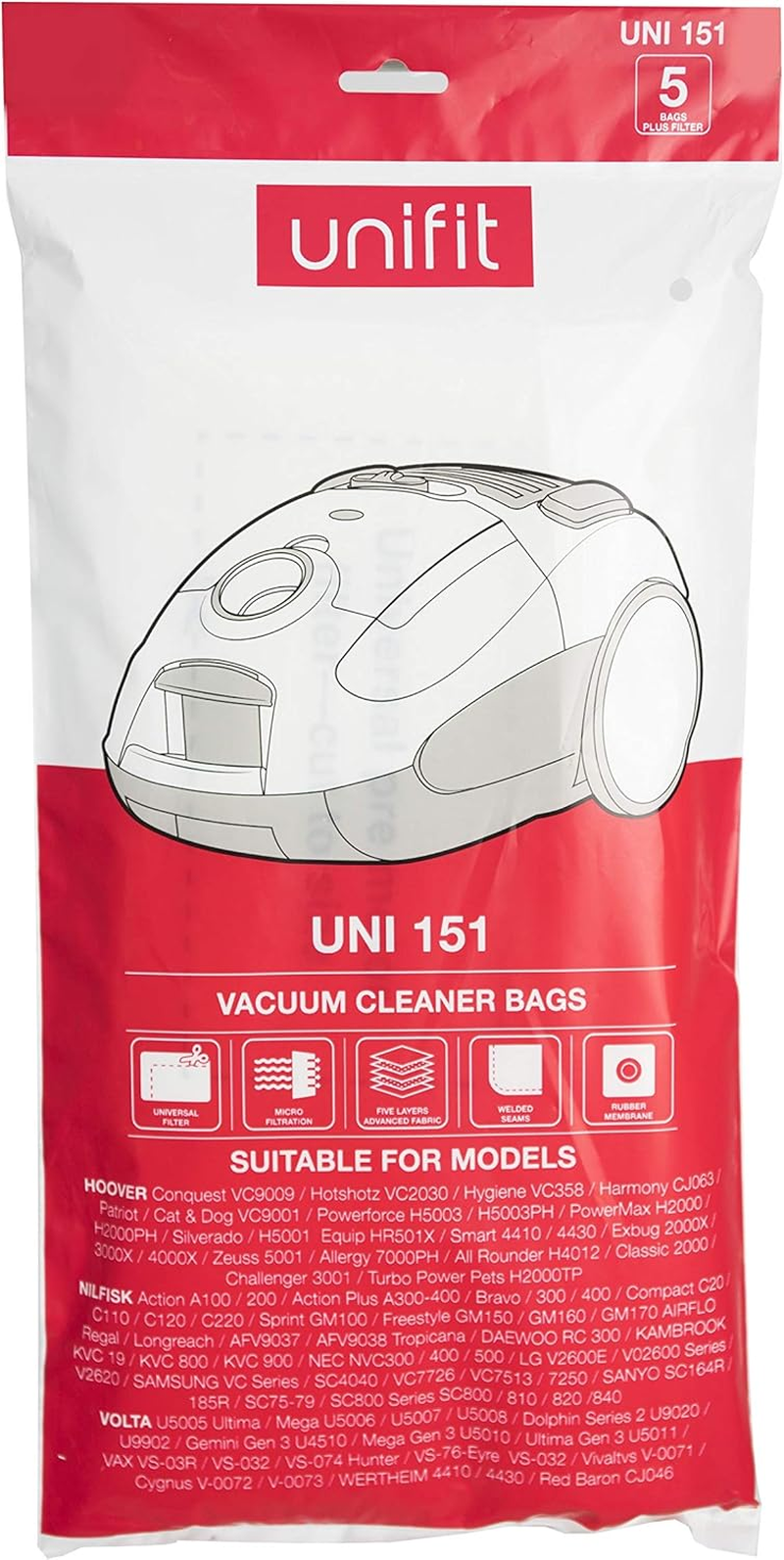 Unifit 151 Vacuum Bags 5Pk Twin Walled Paper Bag Heavy Duty Cardboard Collar image number 1